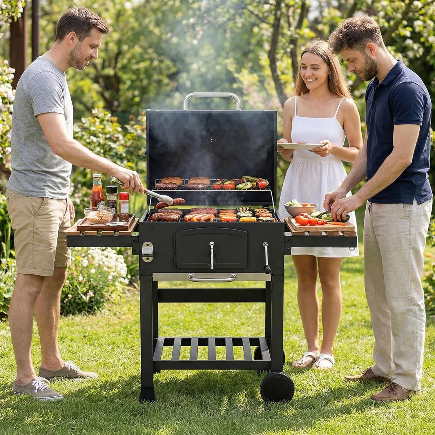 LIFERUN - Barbecue charbon XXL - grand chariot, fumoir et thermomètre
