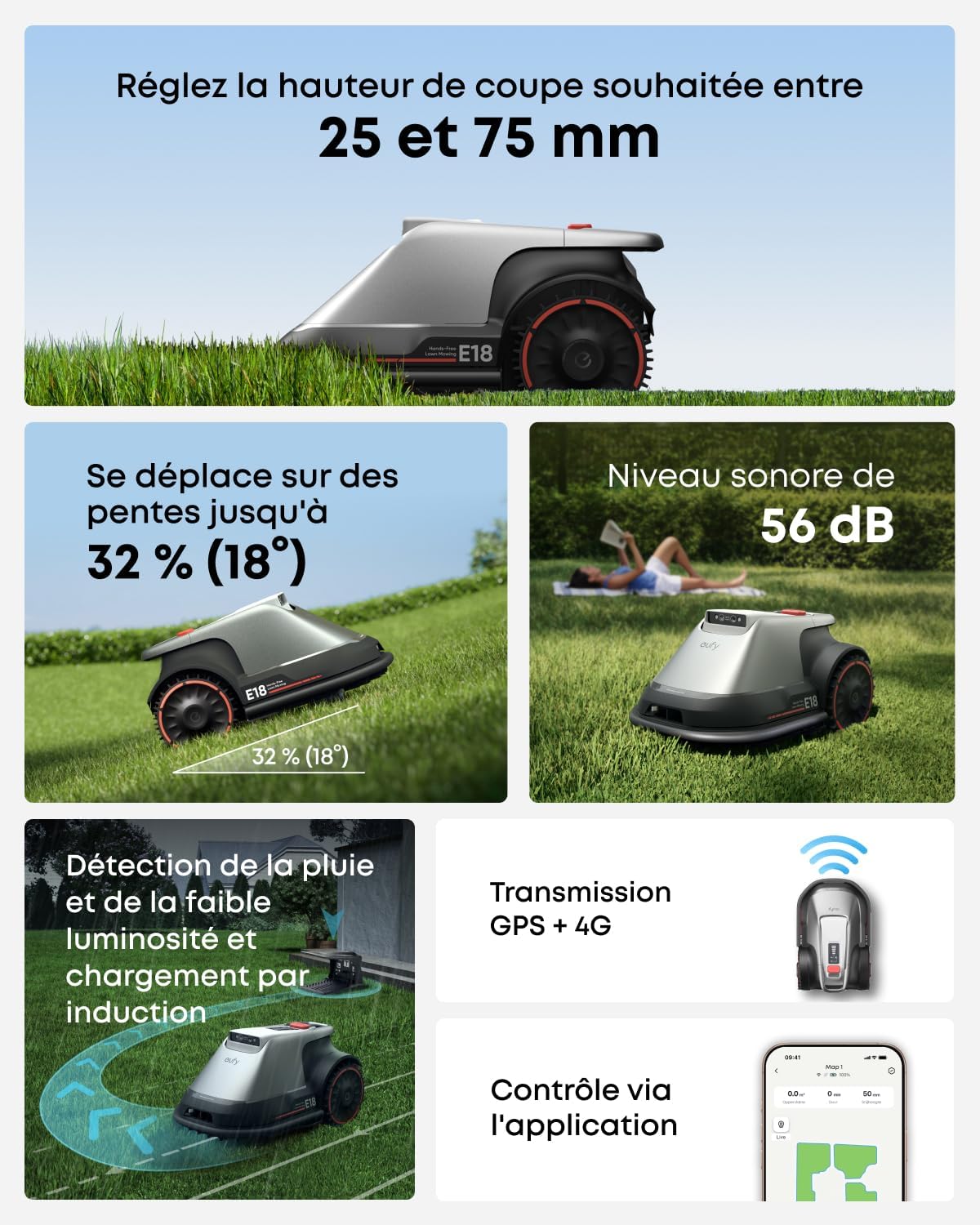 eufy - E18 - robot tondeuse, 1200m2, sans fil ni RTK, navigation intelligente, E18