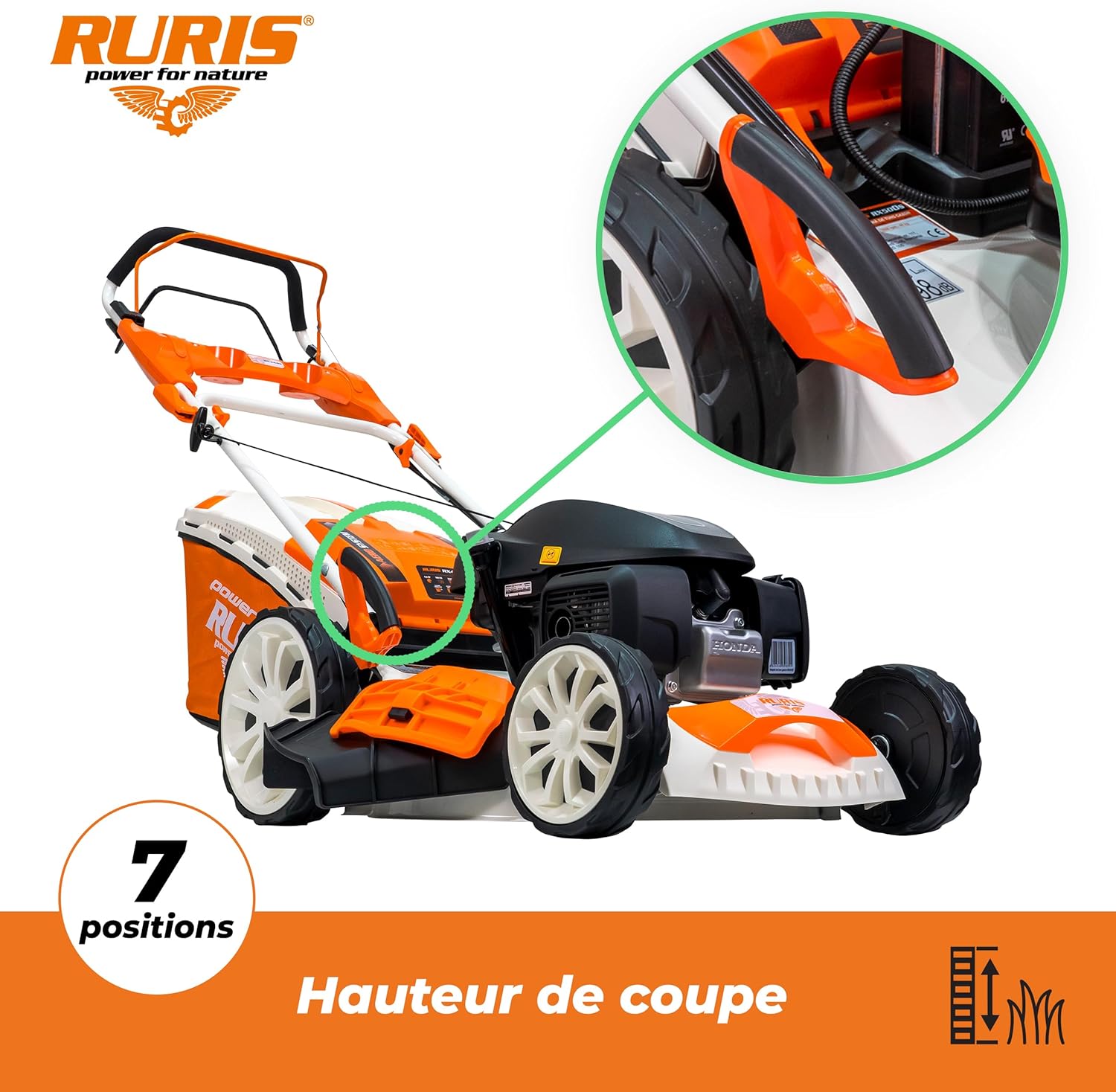 RURIS - RX444S - tondeuse 510mm, Honda 4,6CV, 65L, 5 fonctions