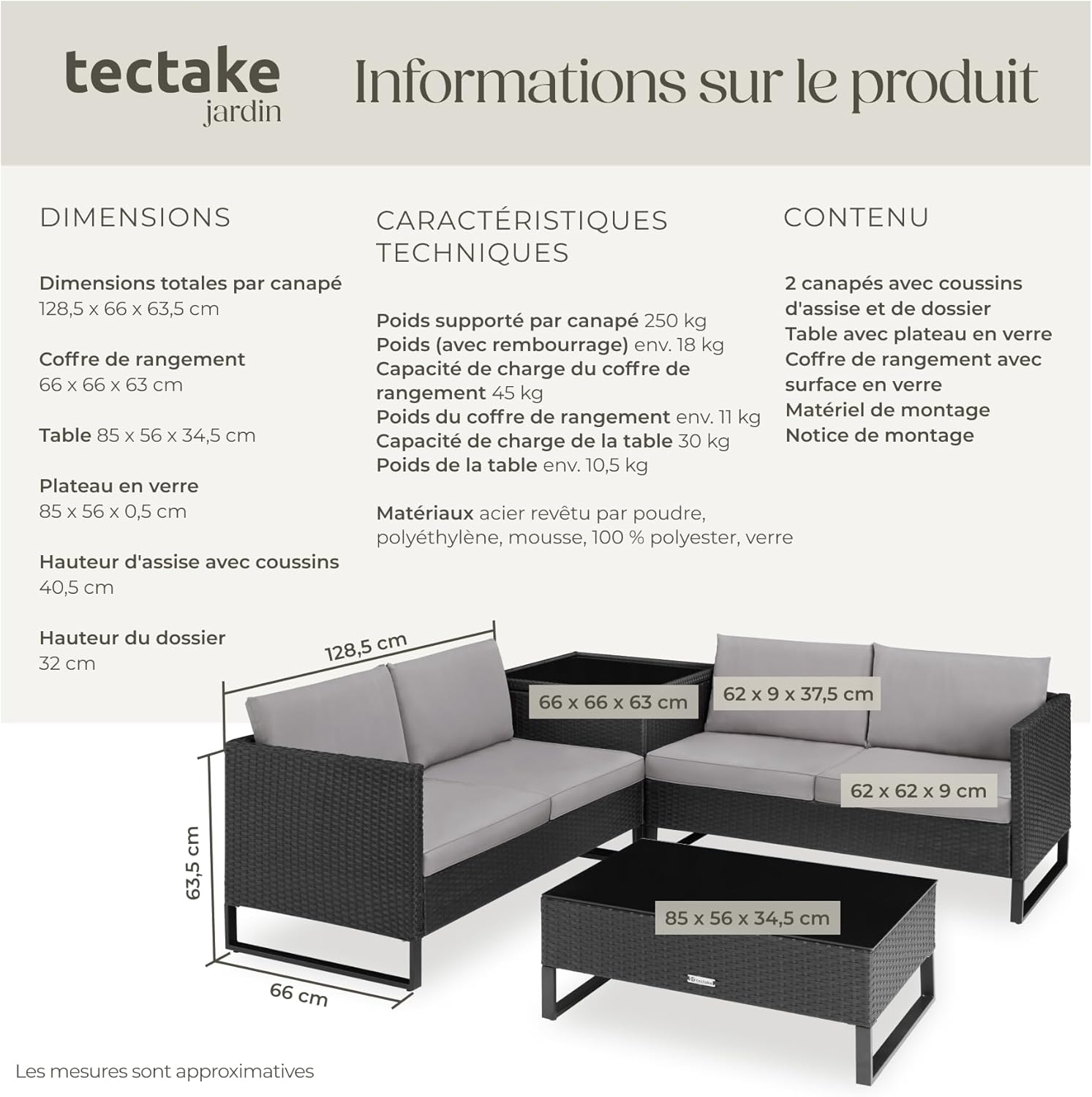 tectake - salon de jardin modulable 4 places - rotin, table verre, coffre