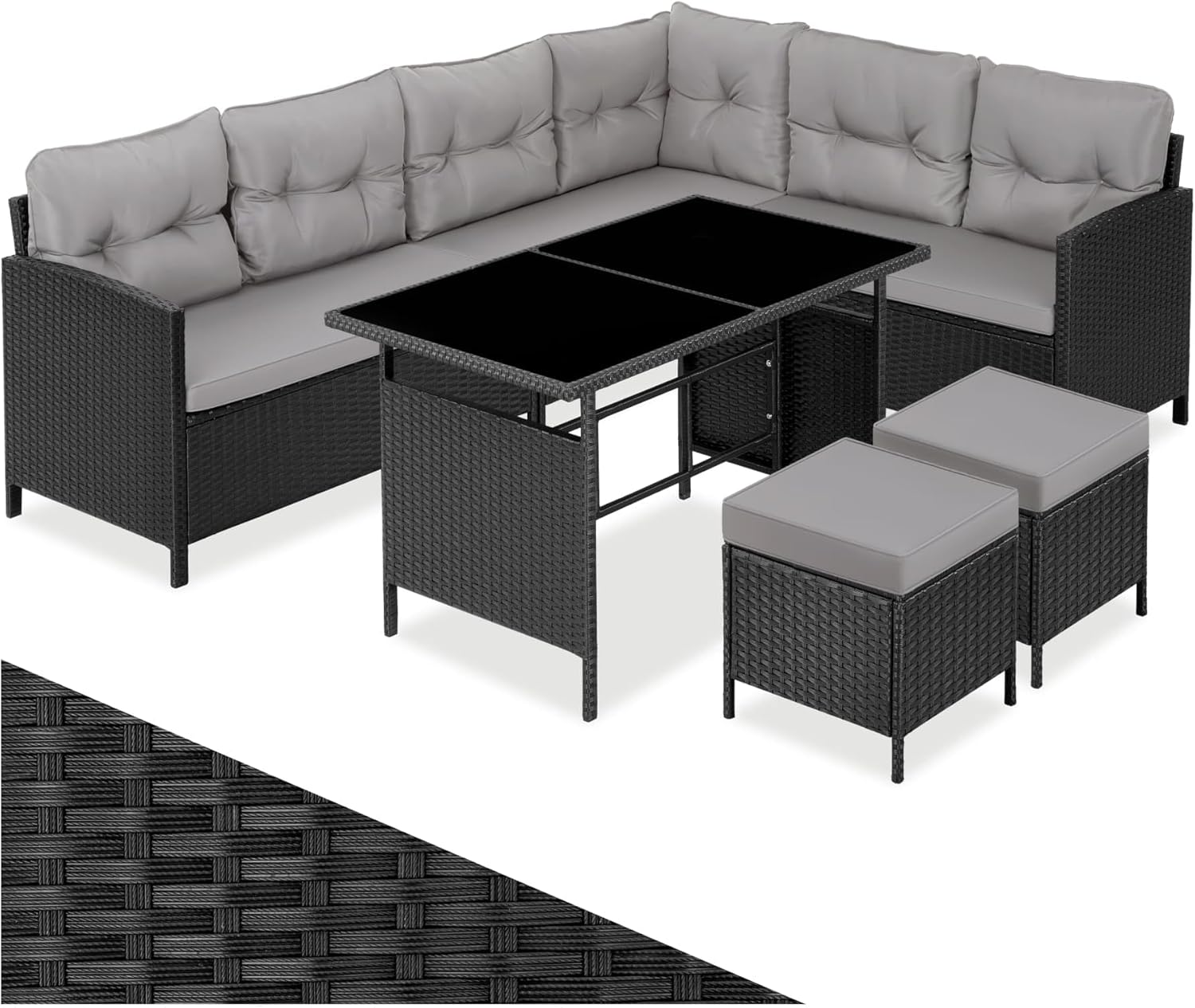 tectake - salon jardin modulable rotin - canapé angle, verre, poufs, coussins