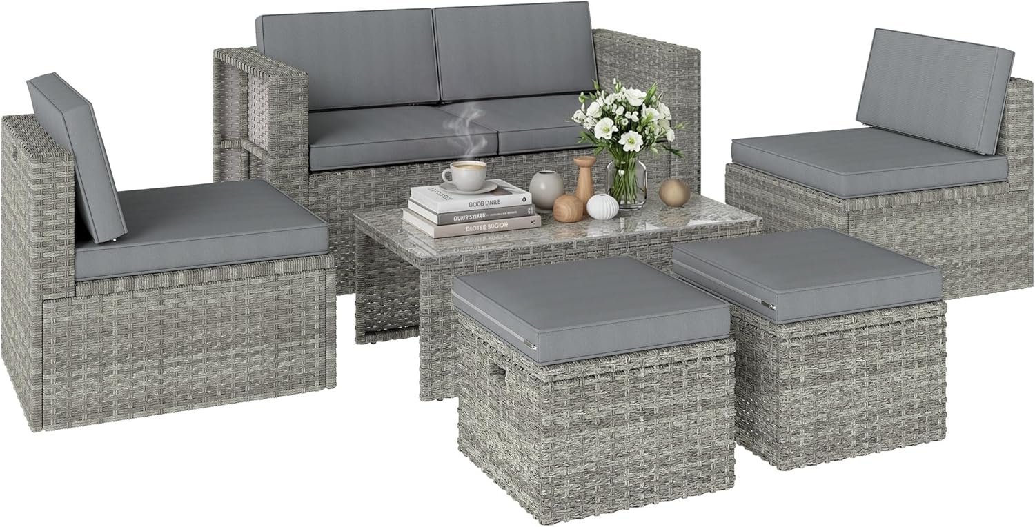 Outsunny - salon de jardin 6 pièces - canapé, fauteuils, table, gain de place, résine tressée, gris