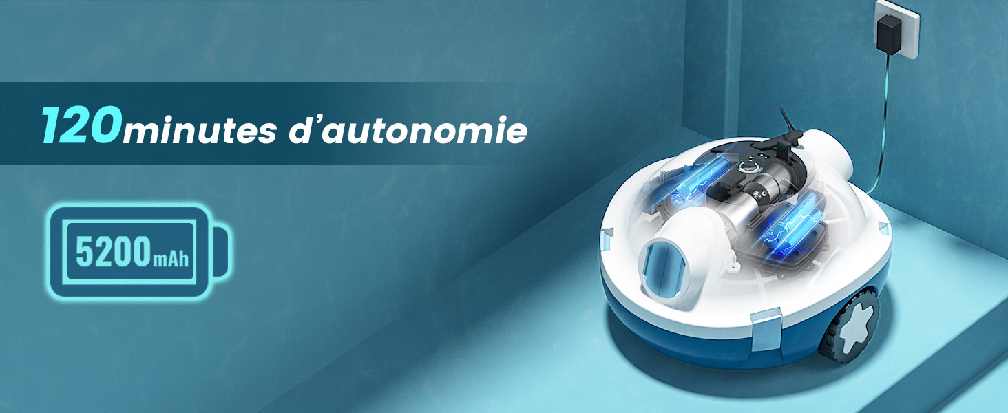 Le texte indique « 120 minutes d'autonomie » et « 5200 mAh ». Nettoyeur de piscine robotique bleu avec des accents blancs montrés d'en haut sur la surface de la piscine sur fond d'eau bleu.