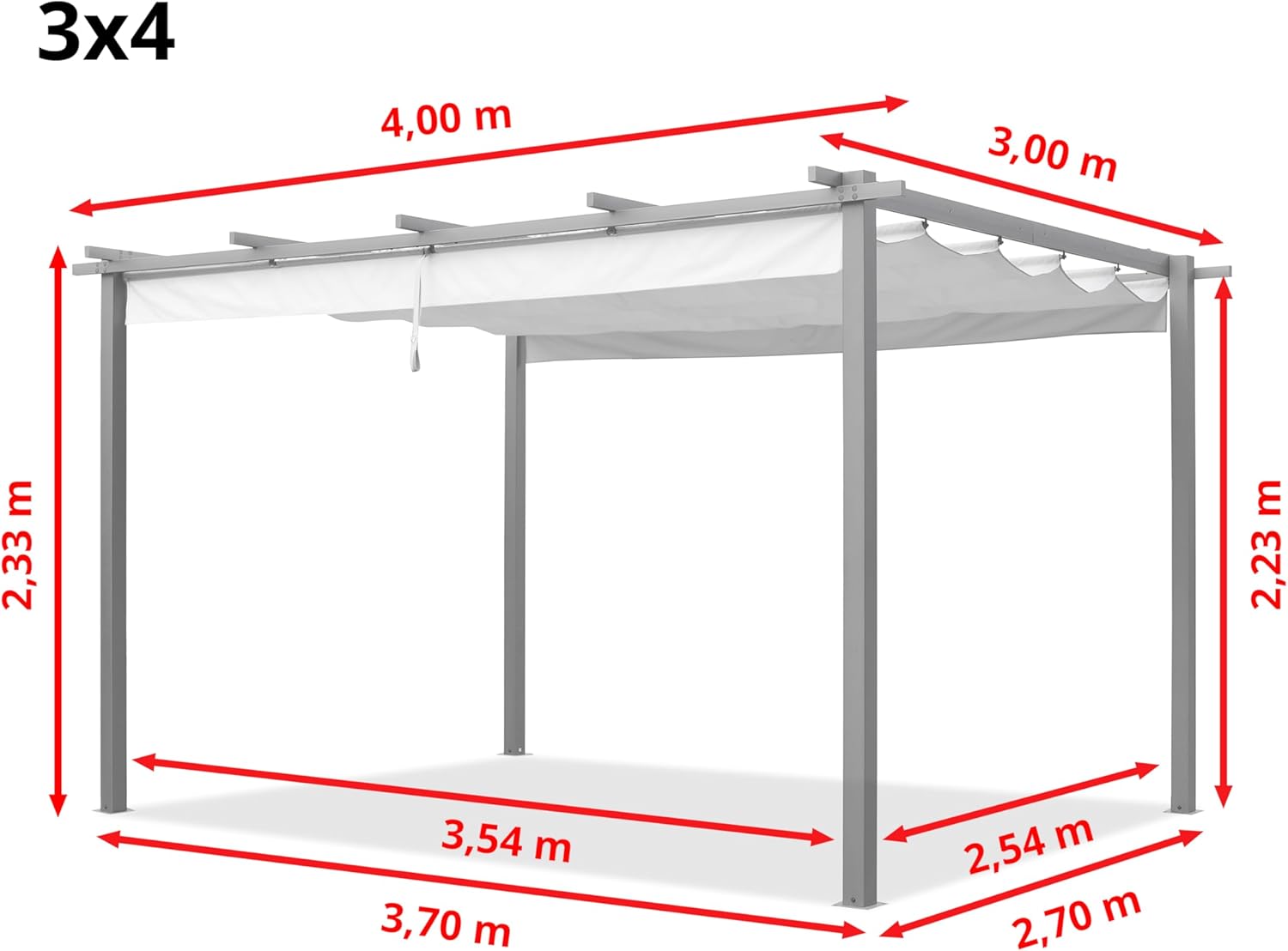 PRIMEYARD - Pergola pavillon série - 3x4 m, toit rétractable, acier, gris