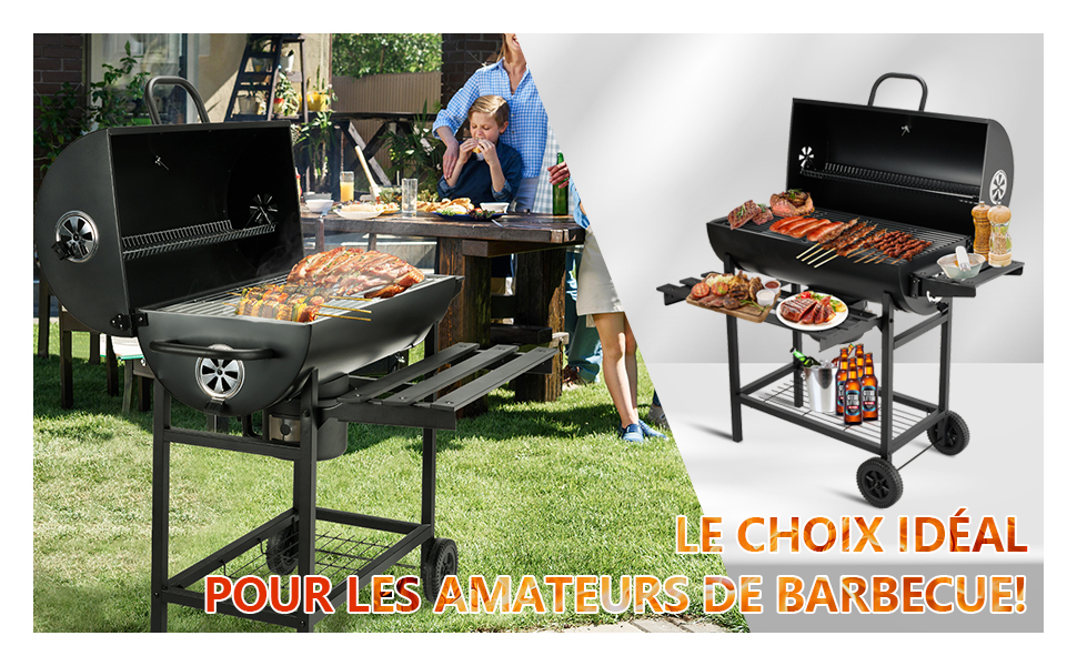 Le texte indique « POUR LES AMATEURS DE BARBECUE » et « LE CHOIX IDEAL ». Les images montrent un grand gril noir en forme de tonneau utilisé à l'extérieur sur de l'herbe.