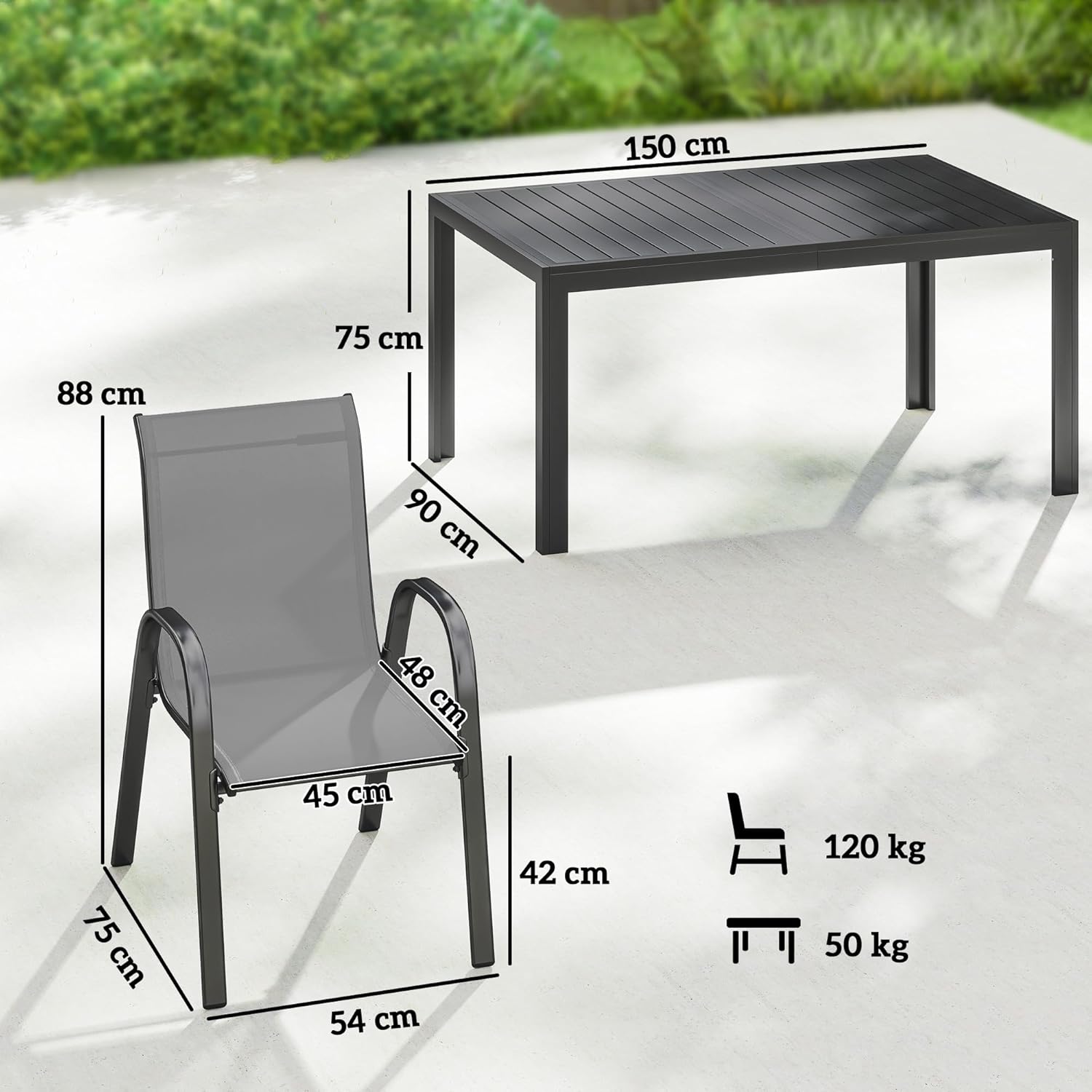 Outsunny - Salon de jardin extérieur 7 pcs - 150cm - table à lattes, acier antirouille, 6 chaises empilables, gris clair