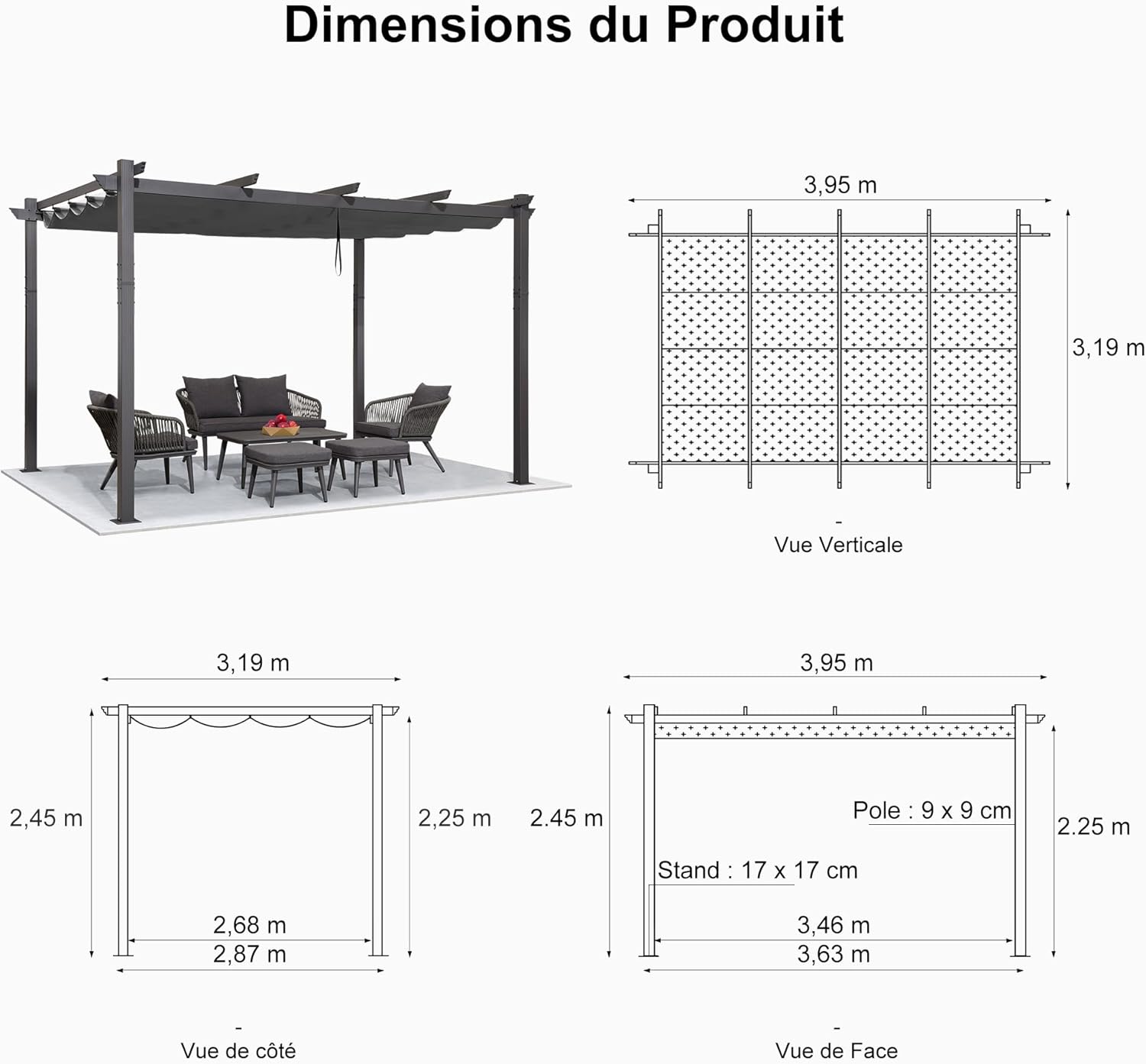 PURPLE LEAF - pergola aluminium - 4 x 3,2 m - toit coulissant, tissu teint, gris
