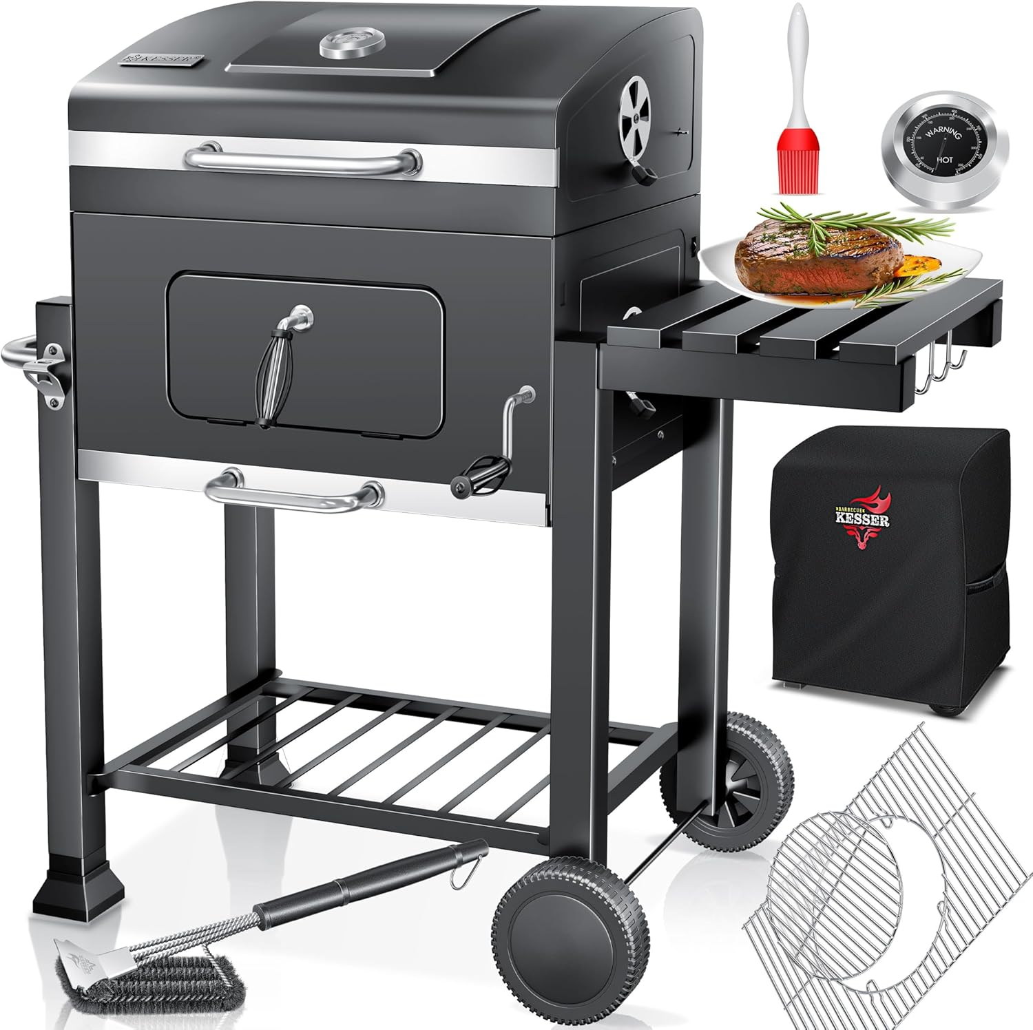 KESSER - Chariot XL barbecue à charbon avec couvercle, grille, roues, thermomètre, inox - Grill Chariot grand charbon