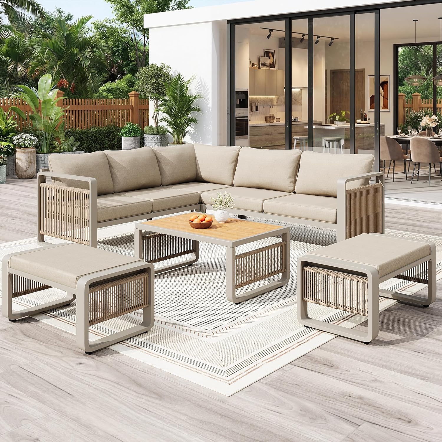 Sapgaks - salon de jardin corde tressée 6/7 pers - coussins moelleux - angle + 2 tabourets + table, pieds réglables - be
