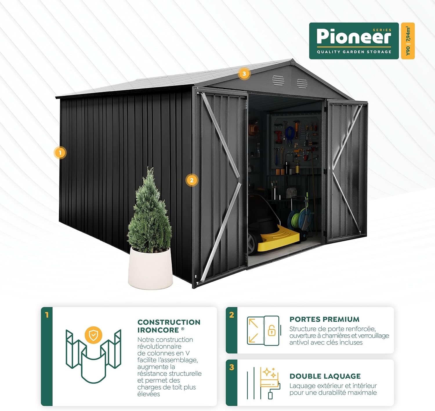 Hoggar - abri métal Pioneer - 262x303x213cm - portes renforcées, serrure clé, piliers en V, plafond robuste Y90