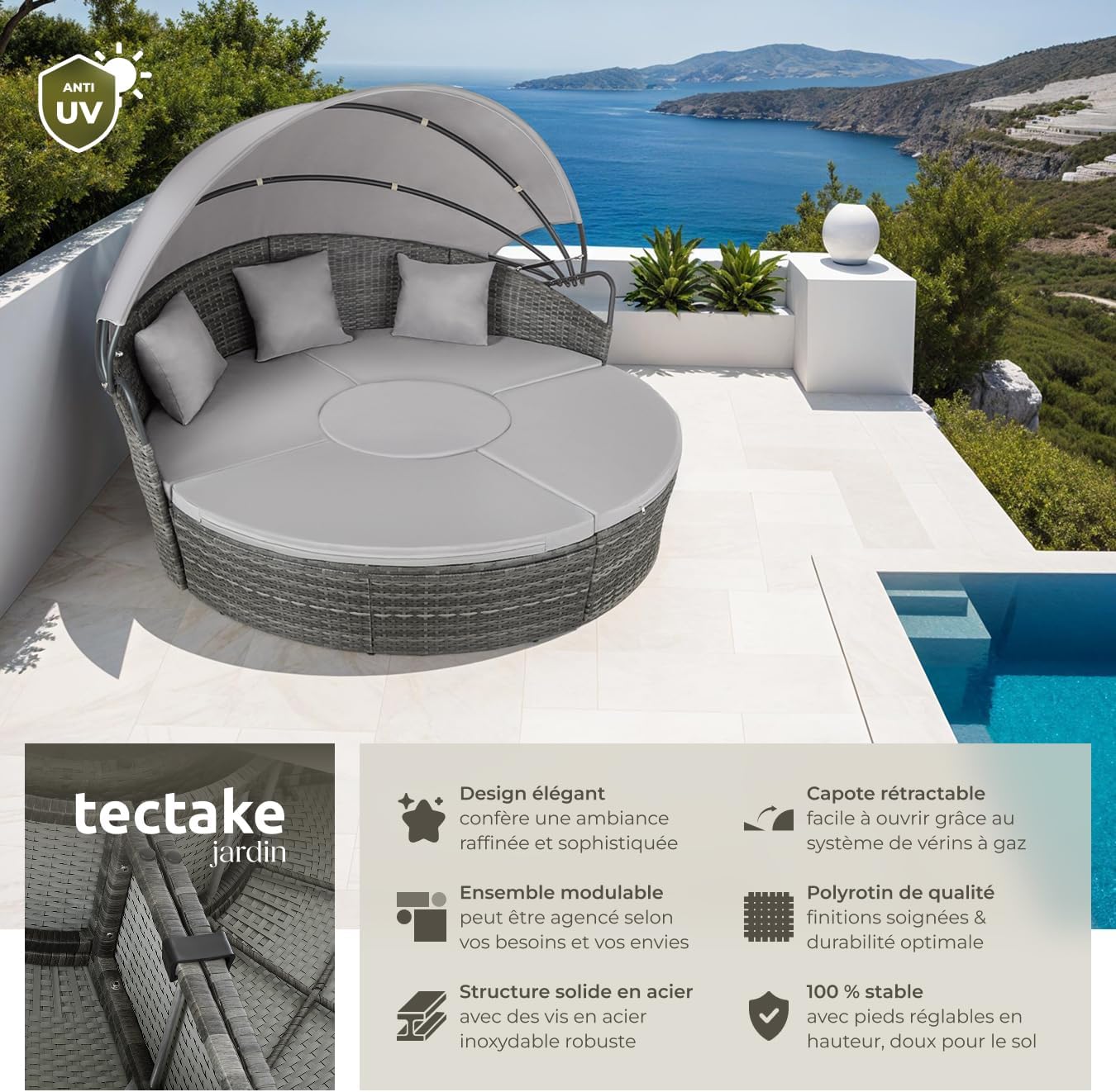 tectake - salon modulable résine tressée, pare-soleil, coussins, 200x70 cm