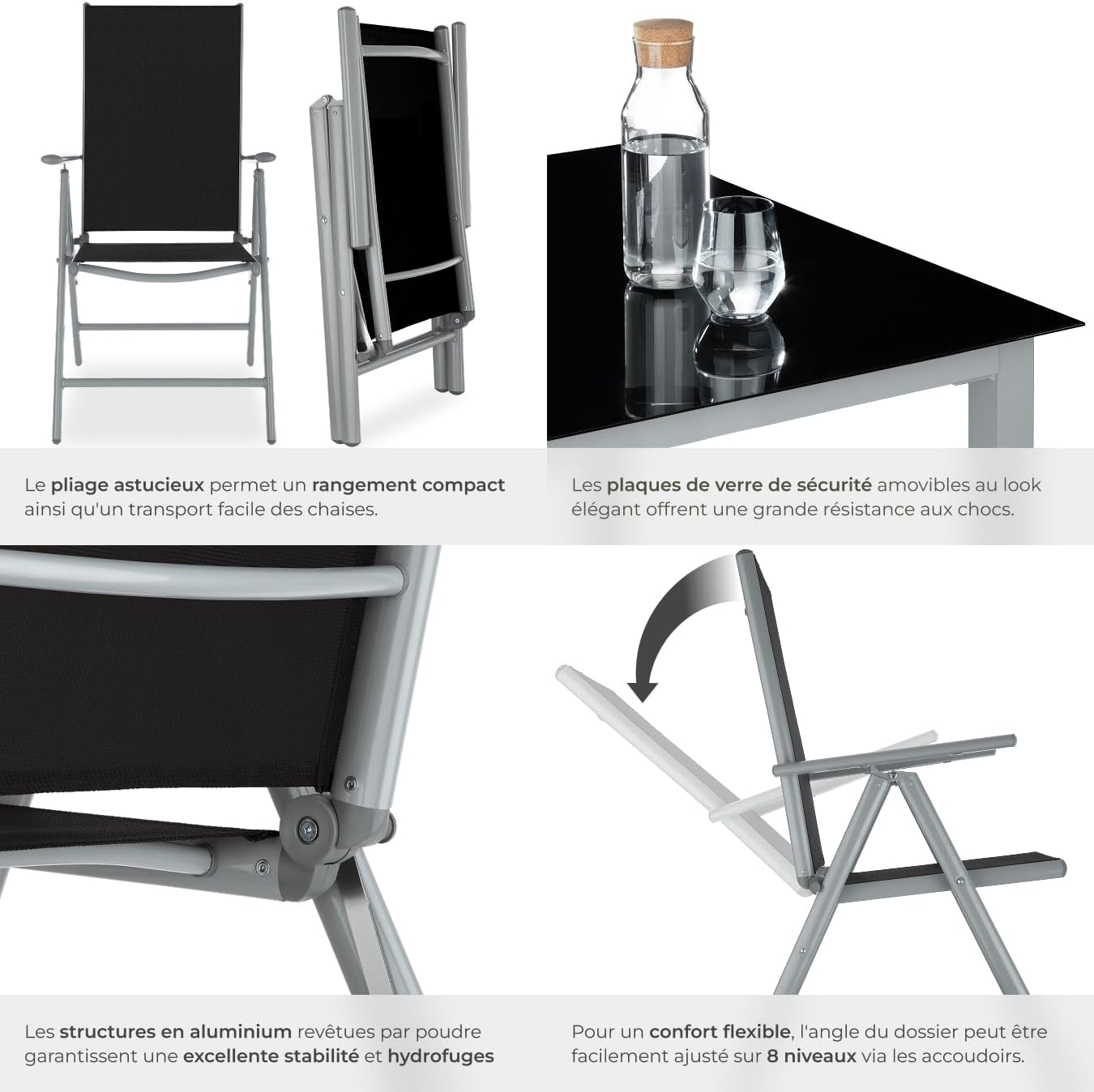 tectake - Salon de Jardin 8 Fauteuils Pliables Aluminium, Table, Facile entretien