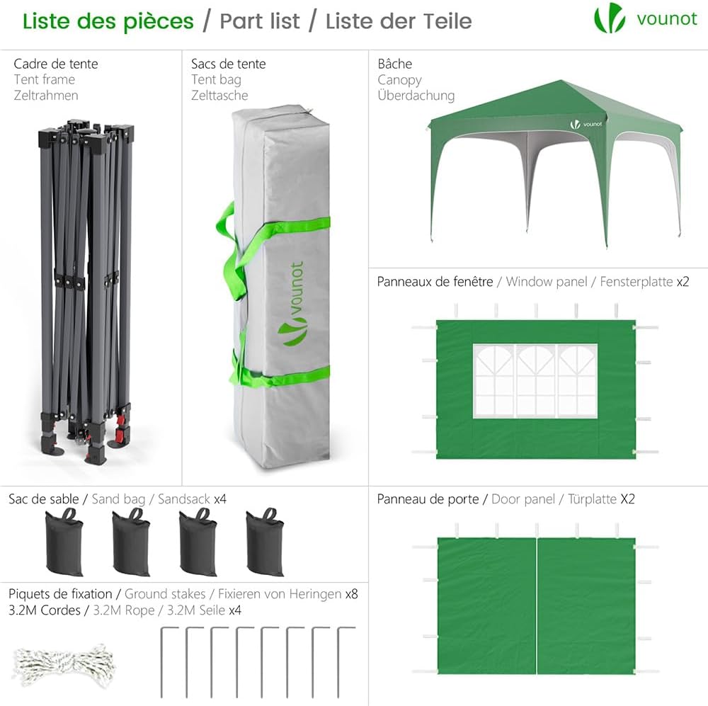 VOUNOT - tonnelle pliante série Jardin - 3x3m - imperméable, anti-UV, hauteur réglable, sac transport