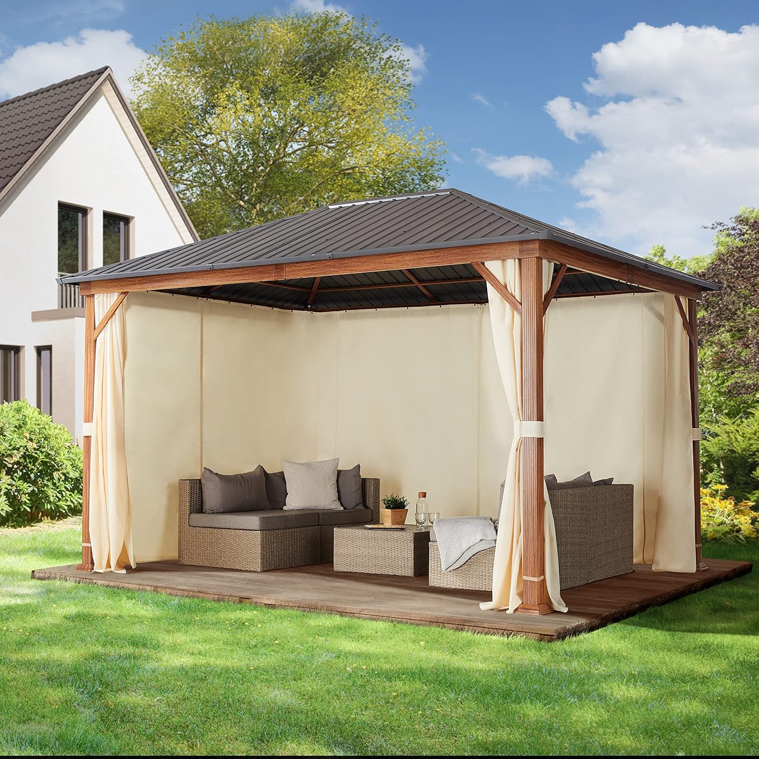TOOLPORT - tonnelle de jardin série aspect bois 3x4m toit acier, 4 parois, champagne