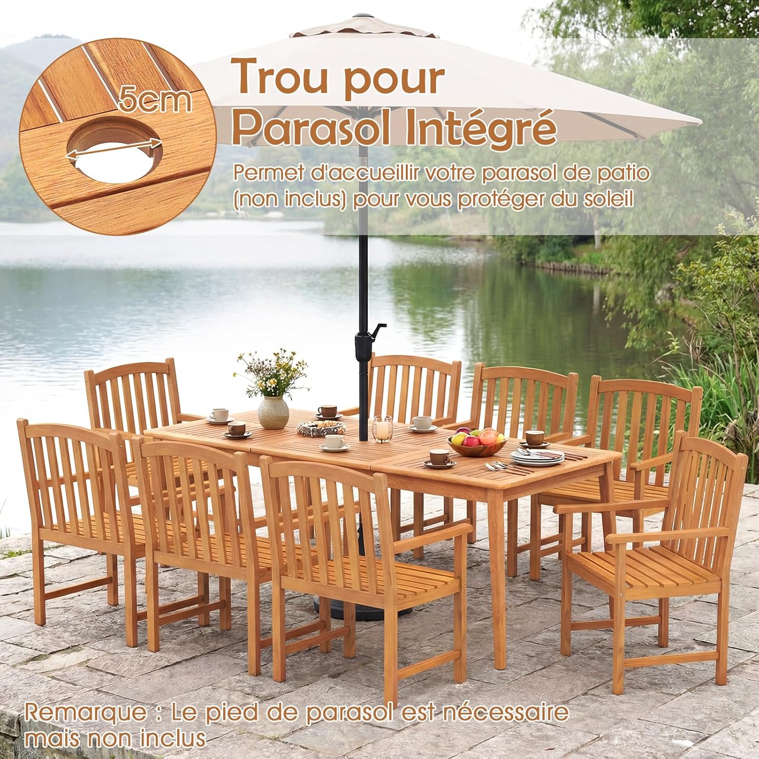 COSTWAY - Table de jardin en bois d'acacia - 200x90 cm - 8 personnes, trou parasol 5 cm