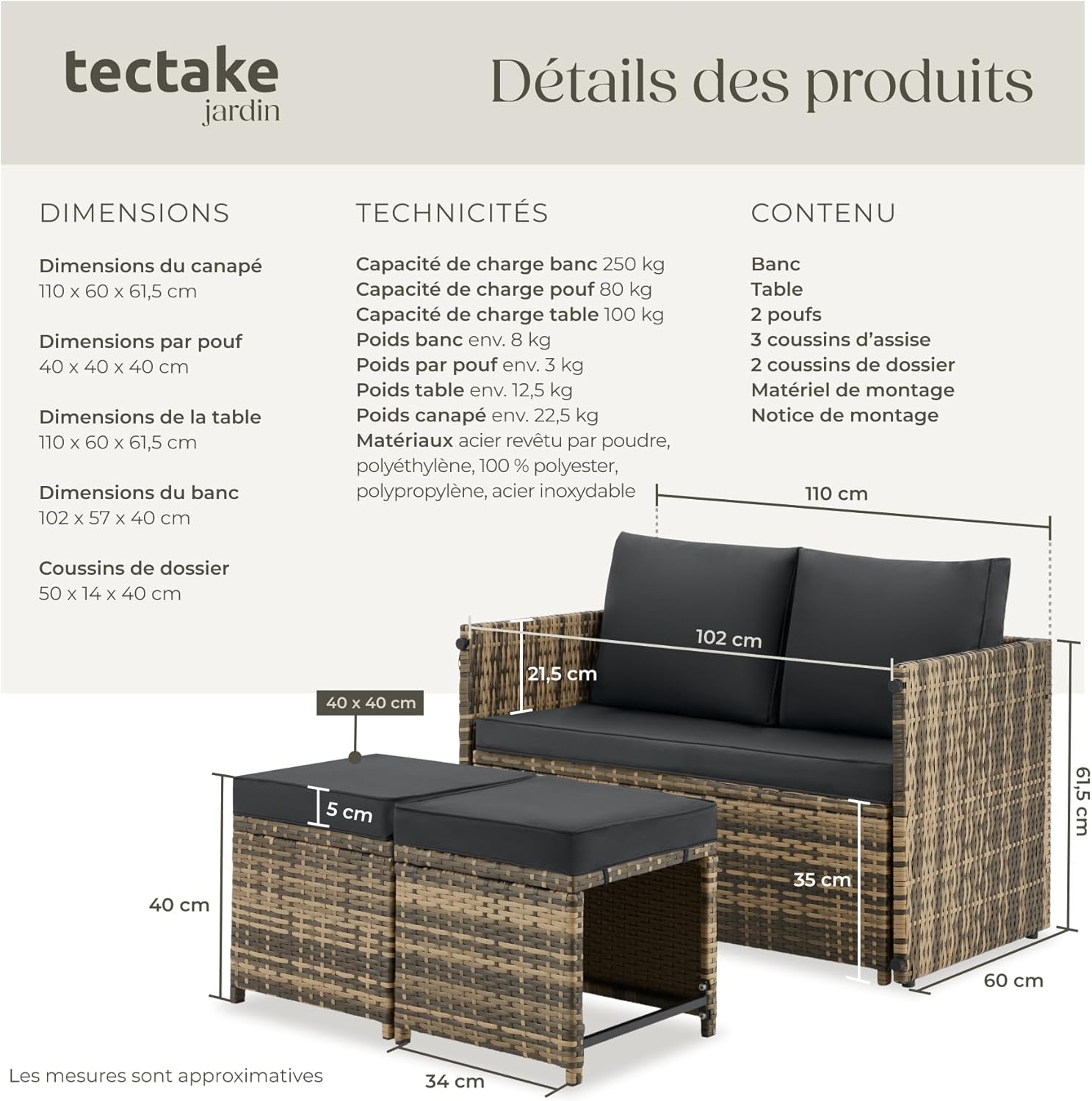 tectake - Salon de jardin modulable 2en1 4 places - canape exterieur, encastrable, table et chaises