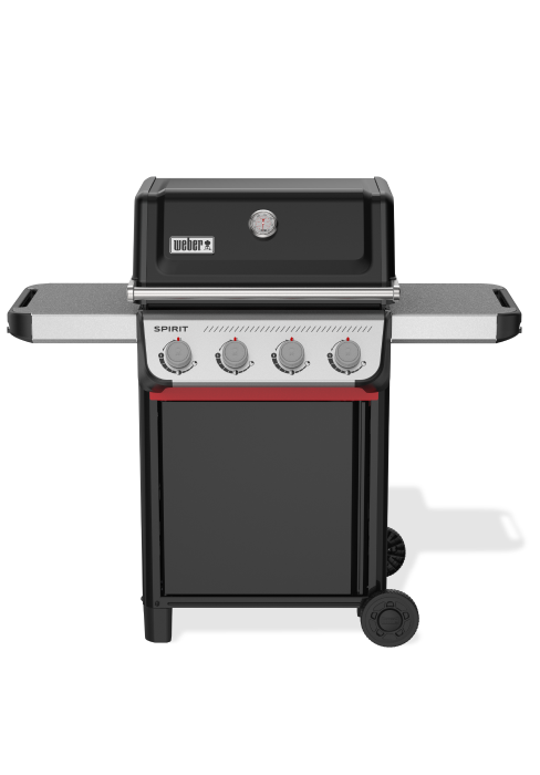 Plusieurs vues d'un barbecue à gaz extérieur noir avec quatre brûleurs, des étagères latérales et un empattement, montrées sous différents angles.