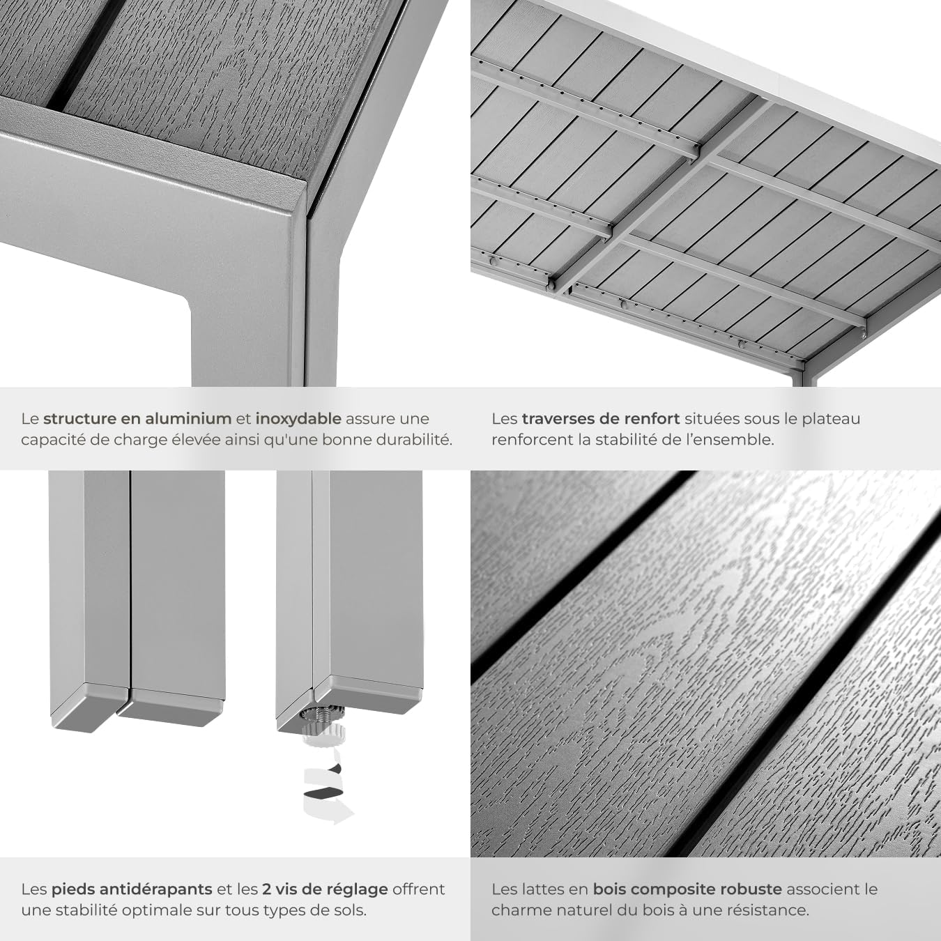 tectake - Table à manger aluminium aspect bois 150x90x74,5cm résistante