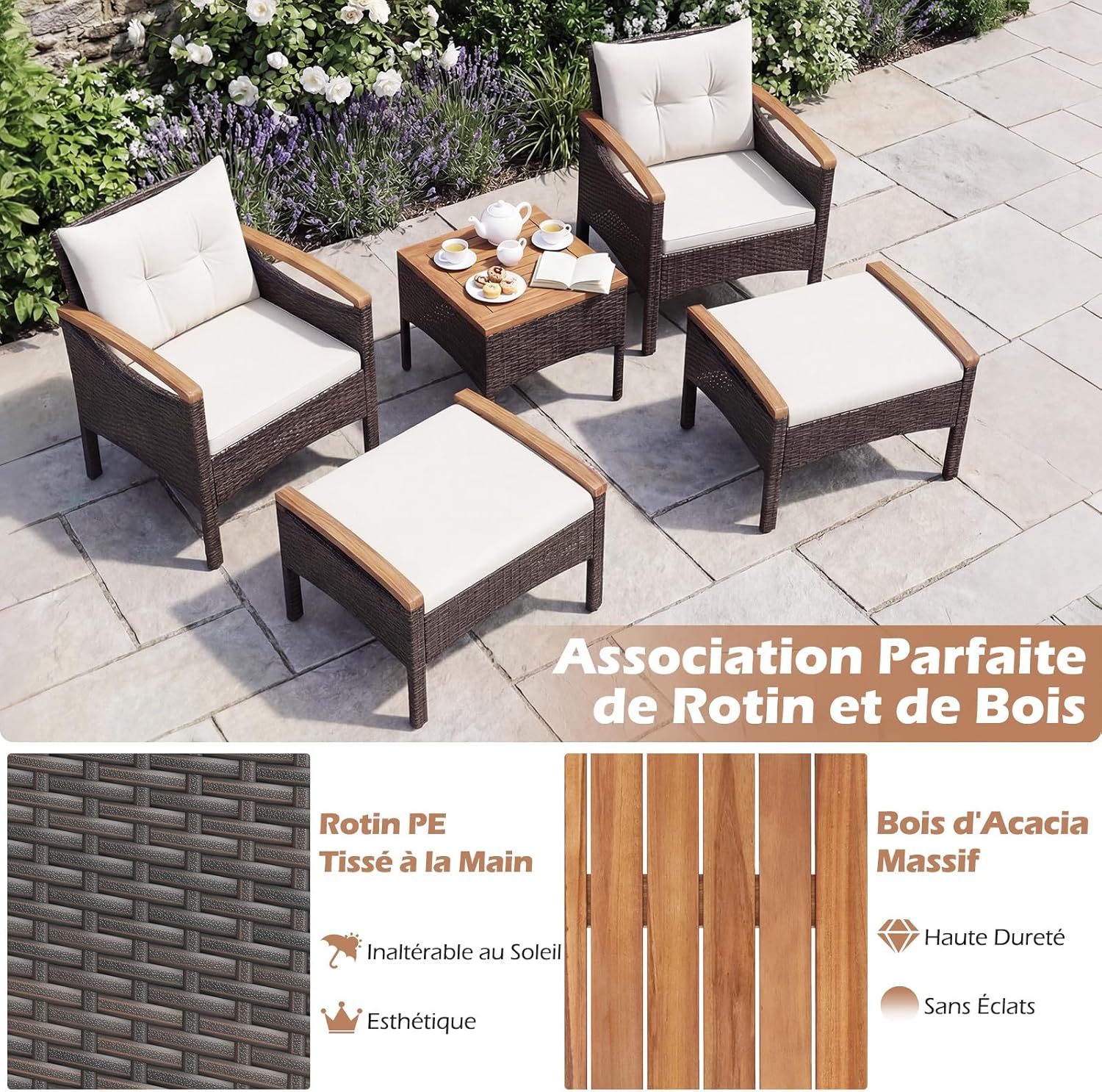 Costway - Salon de jardin 5 pcs - Acacia - Rotin beige, coussins épais