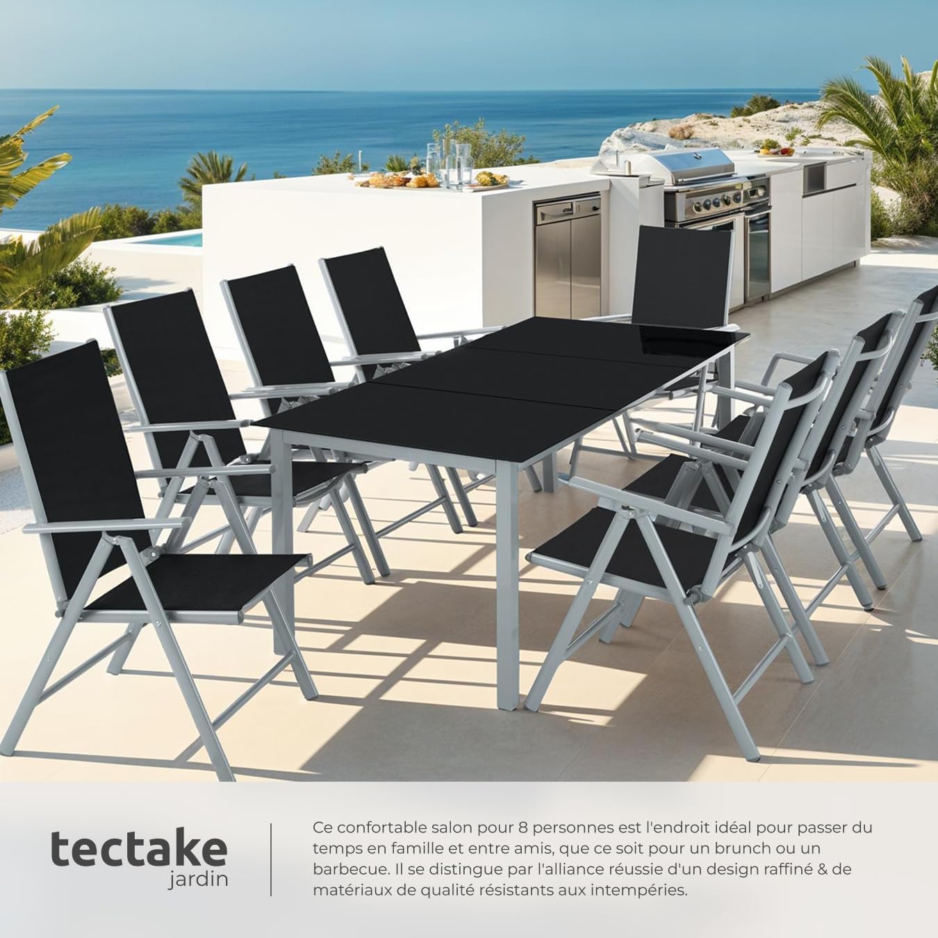 tectake - Salon de Jardin 8 Fauteuils Pliables Aluminium, Table, Facile entretien