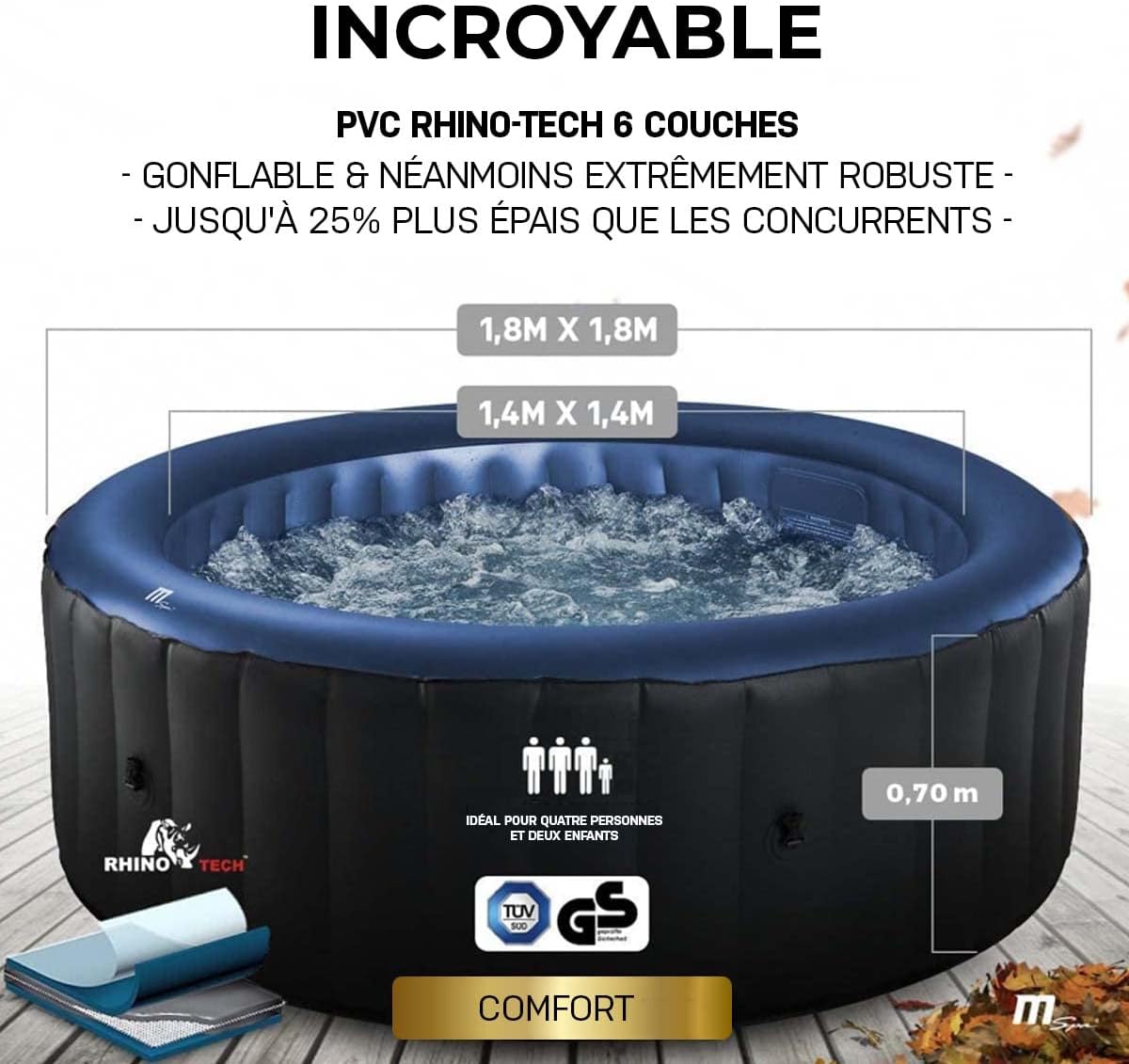 Miweba MSpa Spa Gonflable Extérieur Bergen C-BE041 | Rond ⌀ 180,0 cm - Spa Gonflable 4 Personnes - Nettoyage UV-C - Jusqu'à 1077 L - 40°C - Télécommande - 118 Jets (4 Personnes)