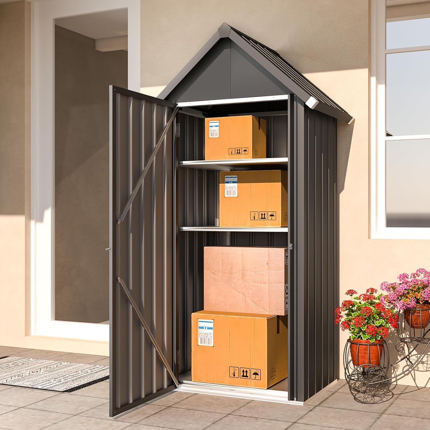 YODOLLA Abri de Jardin Métal, Cabane de Rangement Tout Climat, Résistant aux Intempéries (Pluie, Vent, Soleil)， Porte Fermeture Sécurisée et 3 Étagères Amovibles, 76x55x178cm, Gris foncé