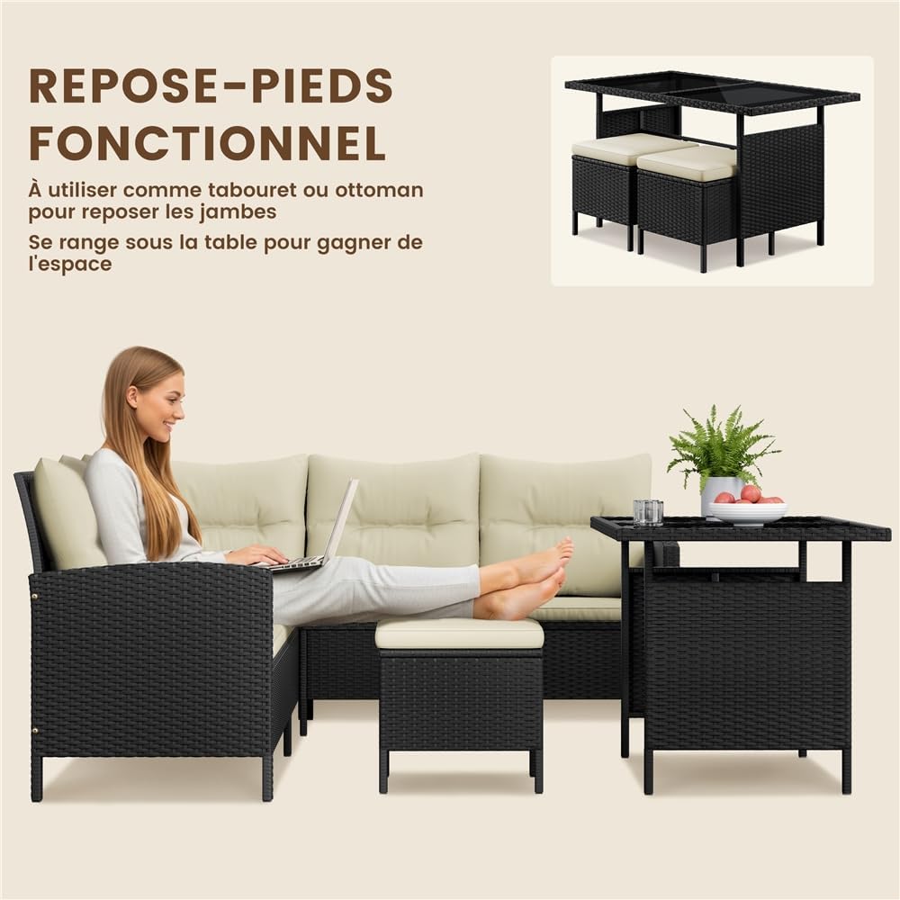 Yaheetech - Ensemble Salon 4 pièces polyrotin, canapé, table, ottomans, extérieur, noir/beige