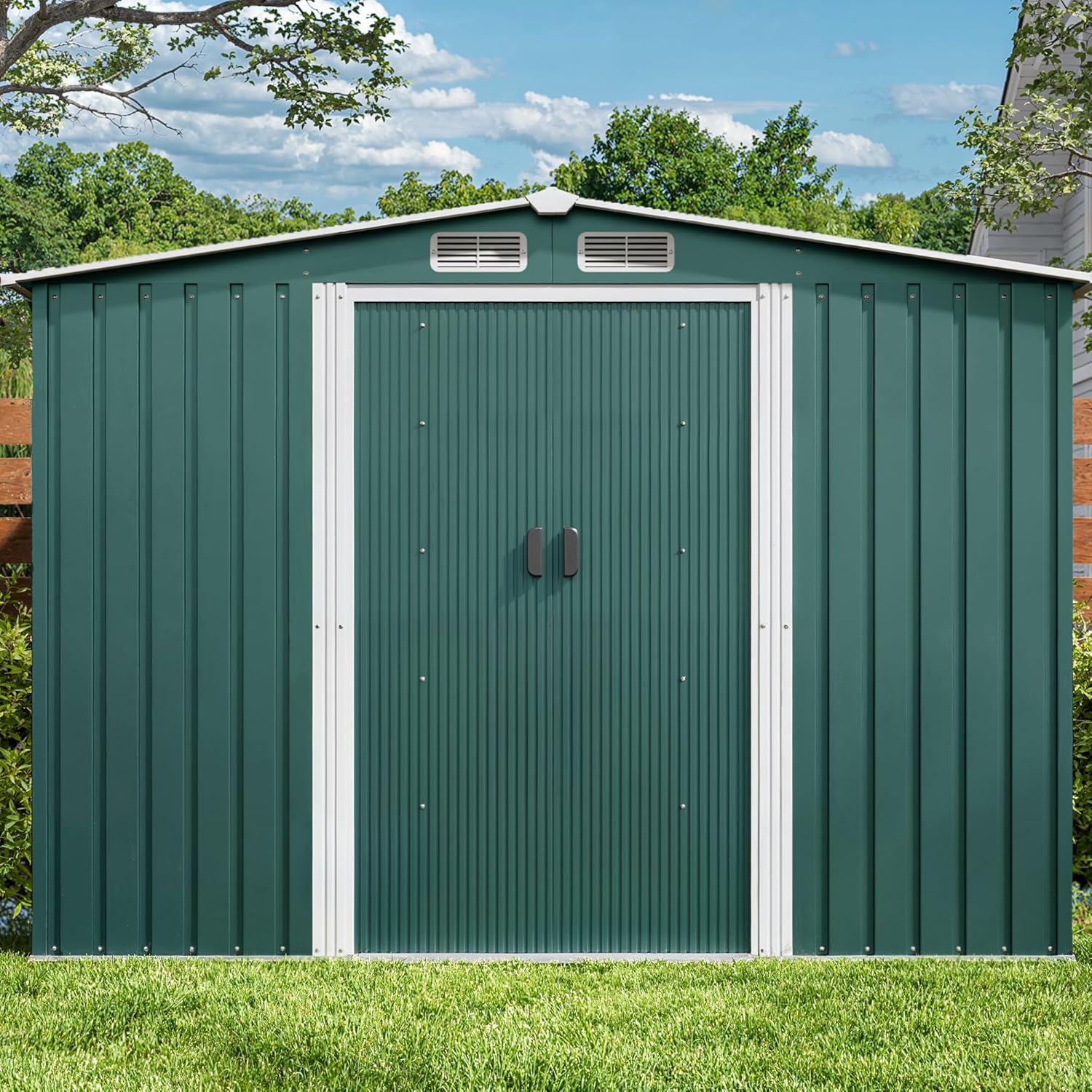Abri de jardin en métal - 247 x 193 x 179 cm - Avec toit en pente et porte coulissante - Abri à outils avec serrure et gants (vert)