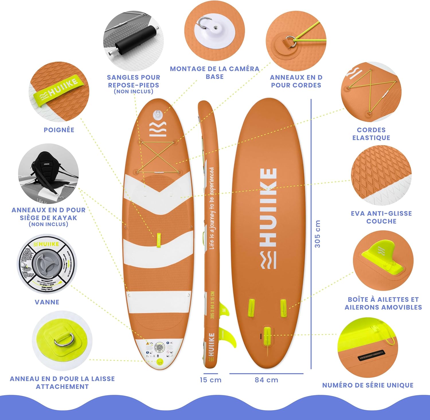 HUIIKE Paddle Gonflable Adulte avec Accessoires Inclus, Pagaie, Ailerons, Pompe. Planche de Stand Up Paddle Grande Stabilité et Résistance. 305 x 84 x 15 cm, Jusqu'à 130 kg