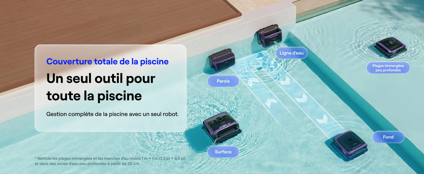 Le texte se lit comme suit : « Un seul outil pour toute la piscine ». Dispositif d'entretien de piscine illustré sur fond bleu clair avec spécifications techniques.