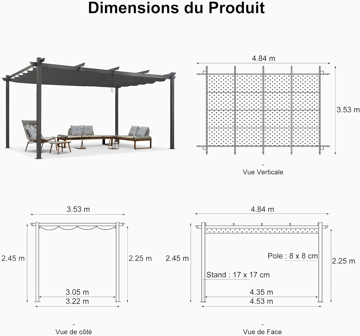 PURPLE LEAF - pergola aluminium - 4,8x3,5m - LED, toit rétractable, tissu mass teinté, structure résistante