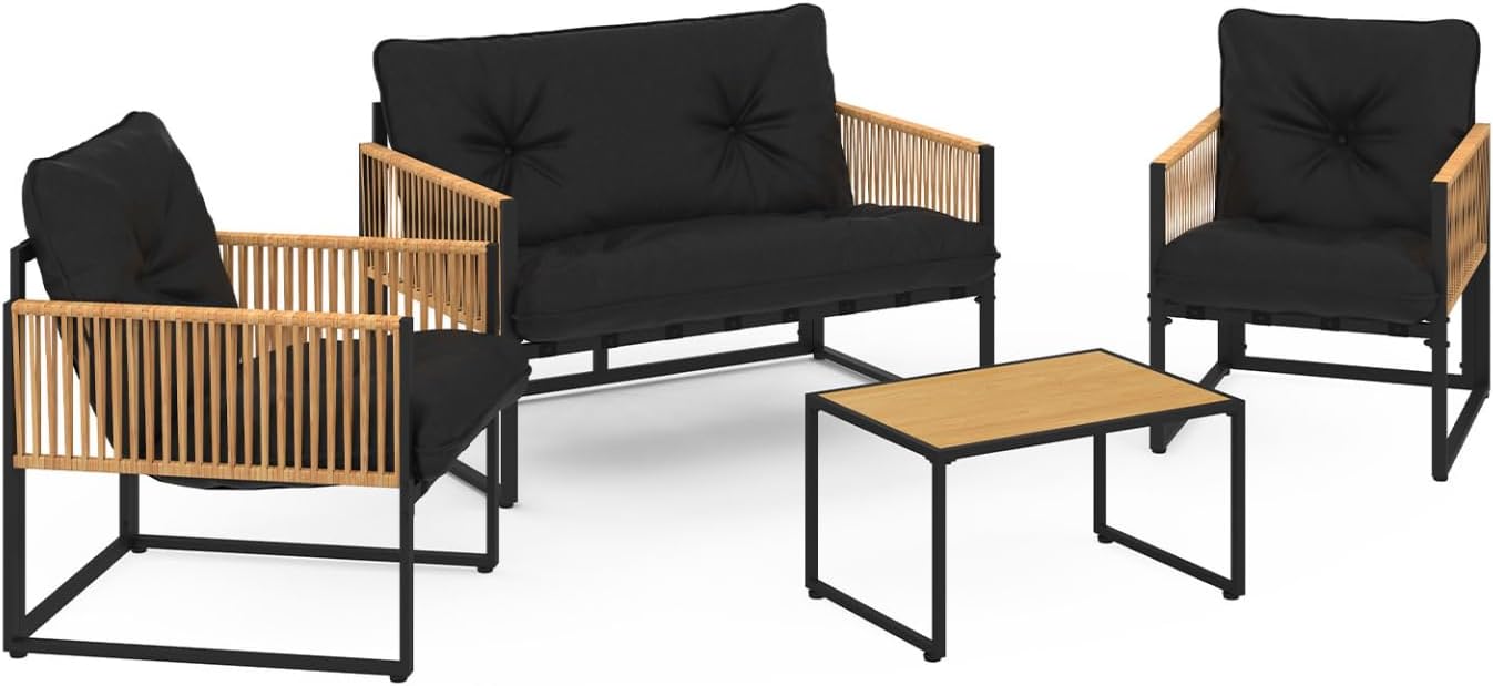 IDMarket - Salon de Jardin Bas Rio 4 Places - Structure métal noir, cordage rotin clair, coussins noirs