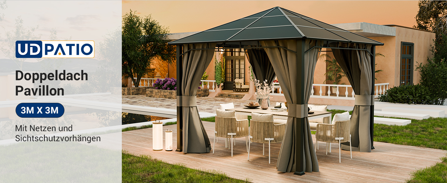 avec double toit, dimensions 3 x 3 m. Comporte des murs grillagés et est présentée dans un jardin au crépuscule.