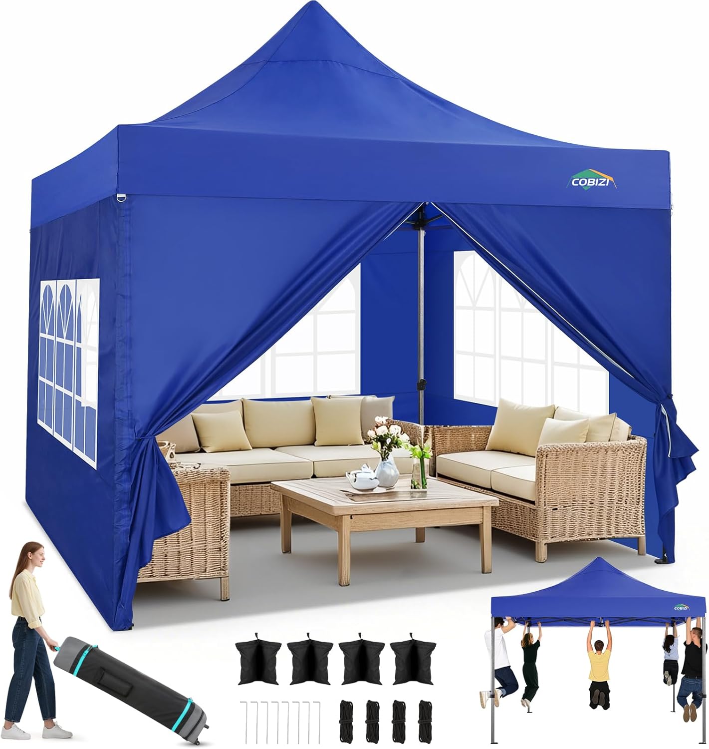 COBIZI - Tonnelle pliante 3x3m - étanche, UV50+, 3 hauteurs, 4 panneaux, 4 sacs, hiver
