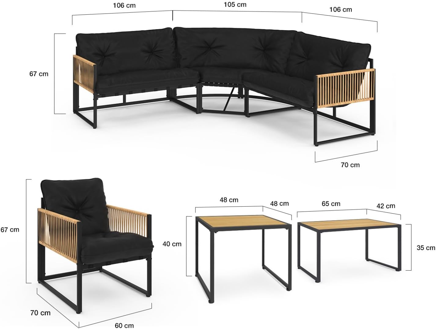 IDMarket - Rio salon de jardin angle 8 places métal rotin coussins noir