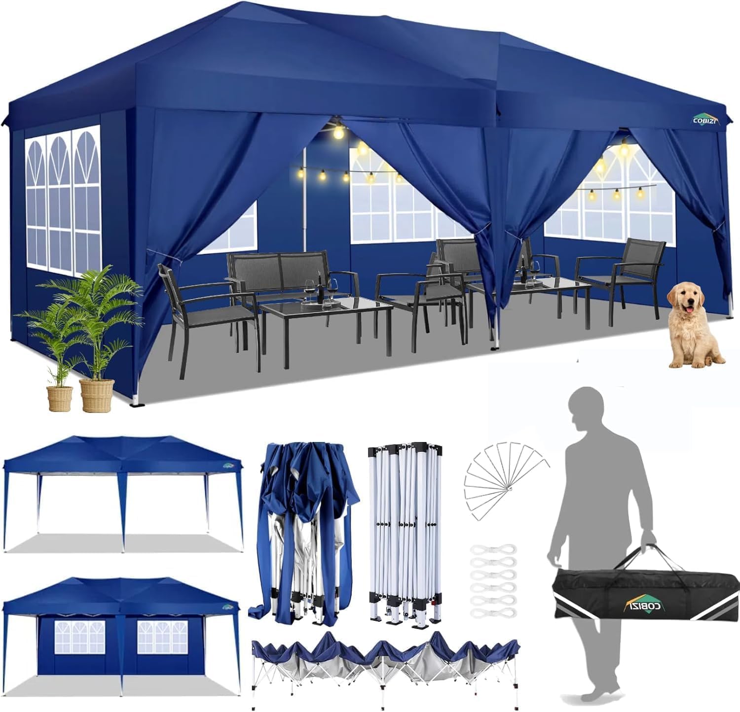 COBIZI - Tonnelle Pliante Série - 3x6m étanche, stable, anti-UV, 6 parois latérales