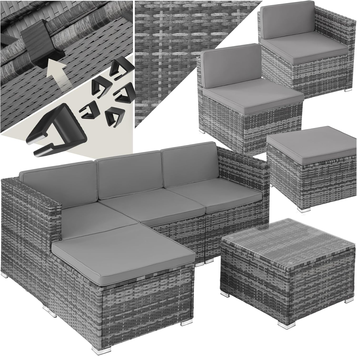 tectake - Salon de jardin modulable 4 places, poly rotin, table et poufs