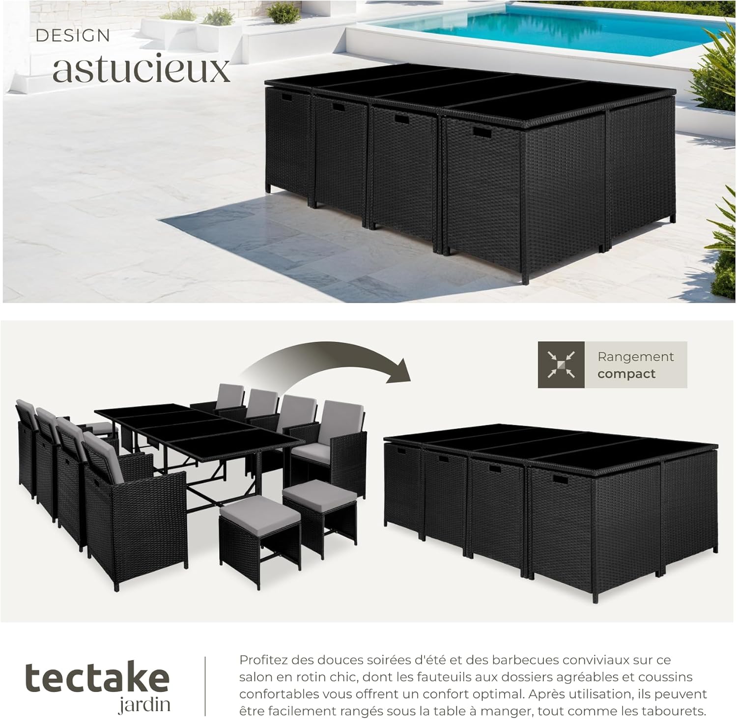 tectake - Salon de jardin résine tressée 8 chaises 4 tabourets table - ensemble repas extérieur terrasse balcon - Noir/G
