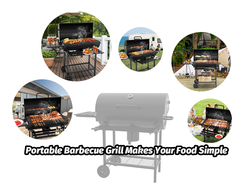 Le texte se lit comme suit : « Le barbecue portable simplifie vos repas ». Collage d'images d'un barbecue extérieur montrant différents angles d'un barbecue portable avec des aliments en cours de cuisson.