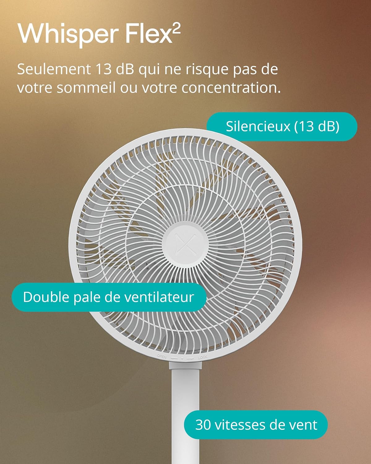 Duux - Whisper Flex 2 - 54-92cm - ventilateur silencieux, mode nuit, 2W, télécommande