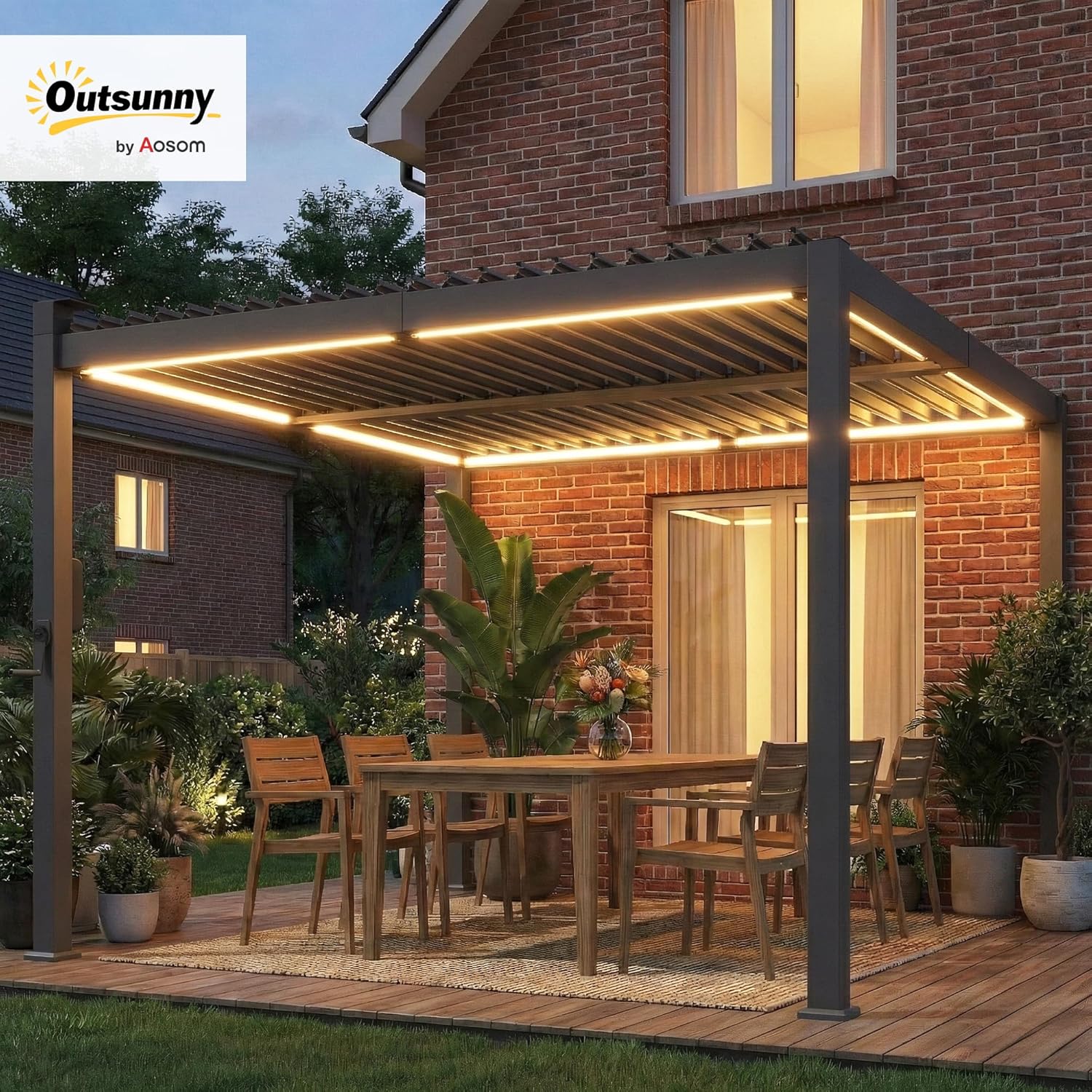 Outsunny - Pergola bioclimatique 3x3m - LED solaires, lames orientables, toit métal, gouttières
