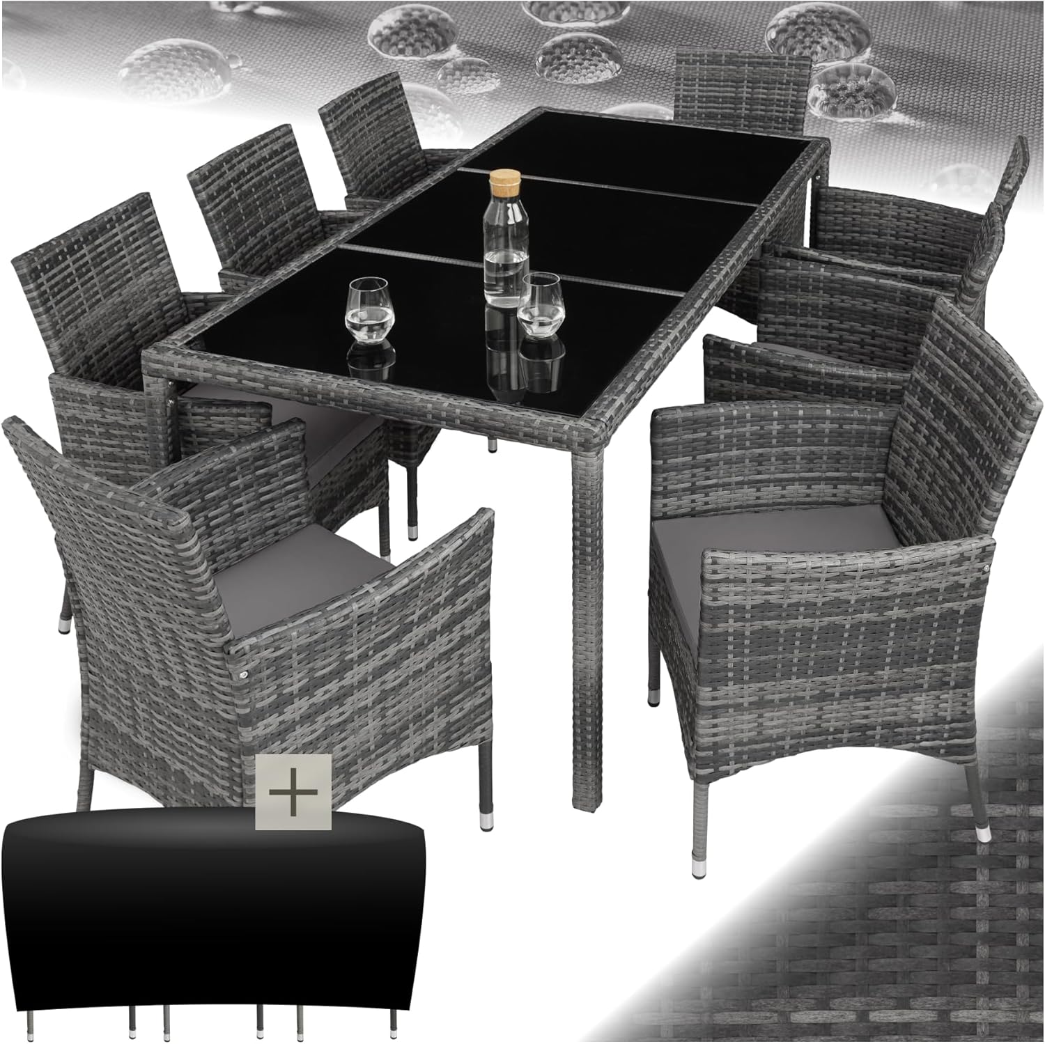 tectake - Salon de Jardin Poly Rotin 8 fauteuils, housse protection, dimensions généreuses, gris tacheté -