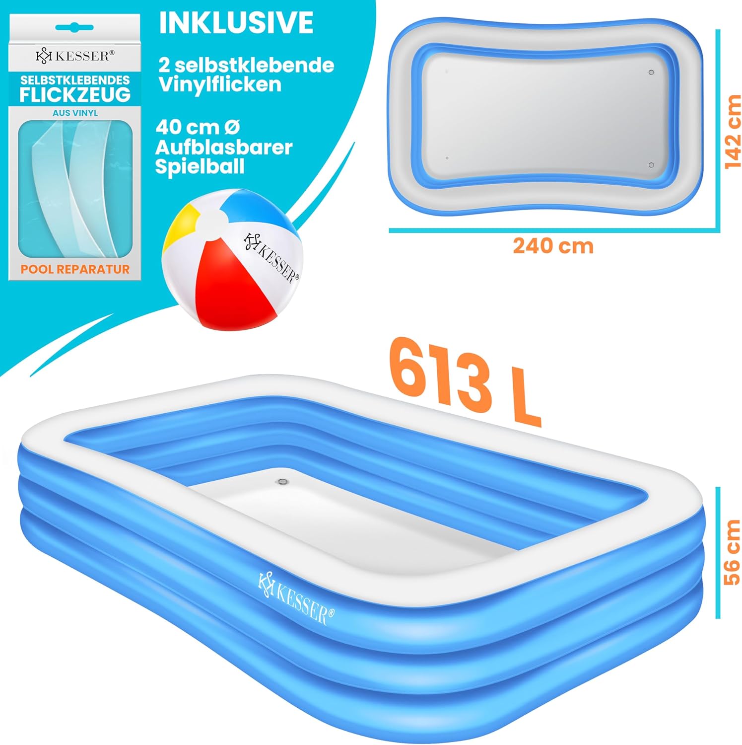 KESSER - Piscine familiale rectangulaire 240x142x56cm, 613L, trous drainage