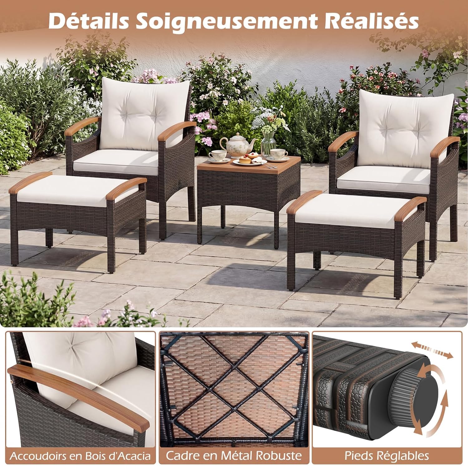 Costway - Salon de jardin 5 pcs - Acacia - Rotin beige, coussins épais