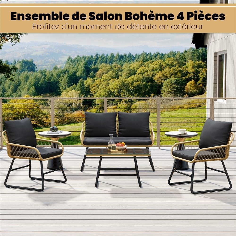 Yaheetech - salon de jardin 4 pièces - canapé, fauteuils et table - tressé, verre trempé