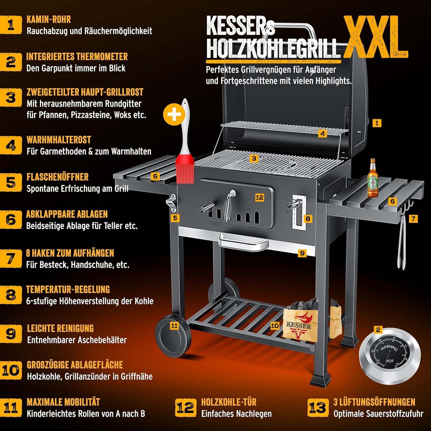 KESSER - Chariot Grill XXL - barbecue charbon avec couvercle, roues, grille, thermomètre