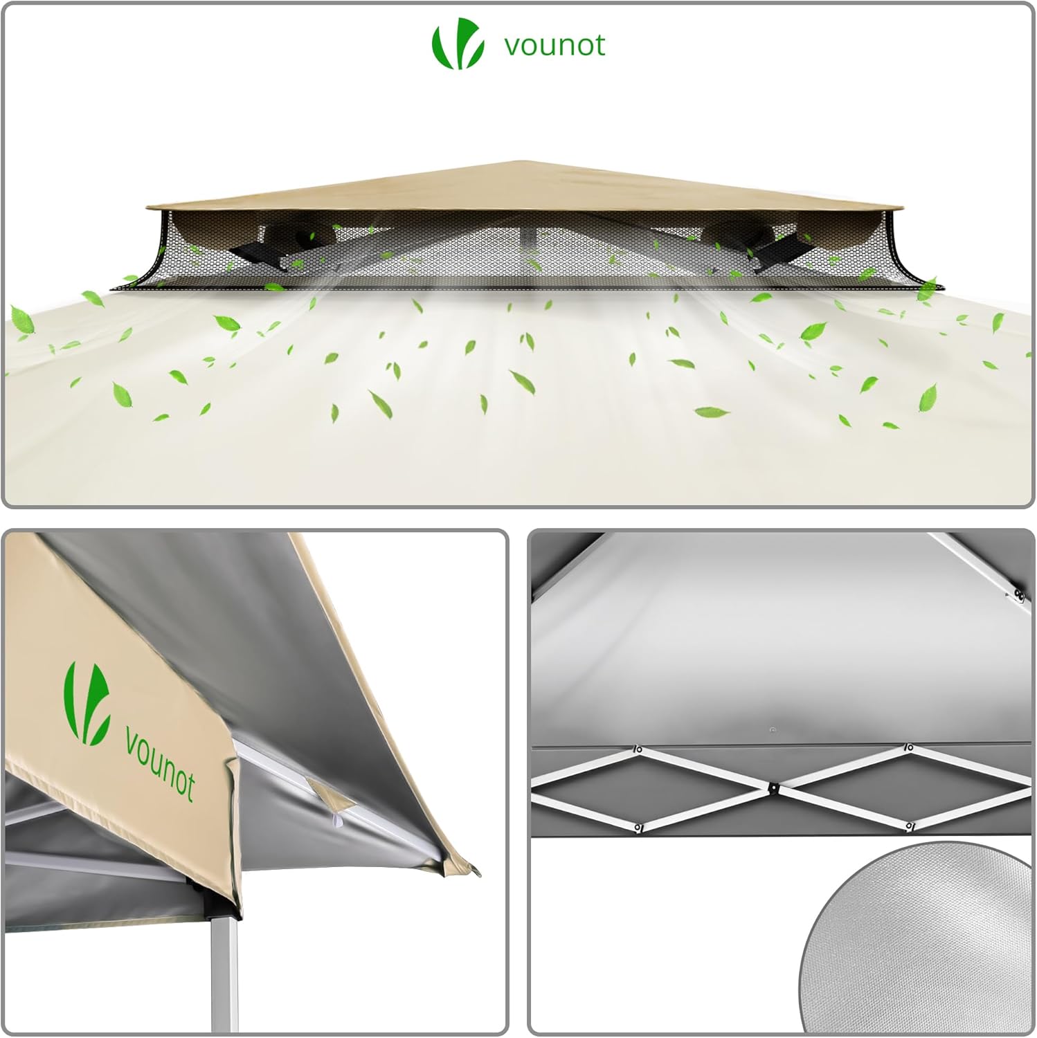 VOUNOT - Tonnelle Pop Up - 3.6x3.6m - Acier, moustiquaire, anti-UV, beige