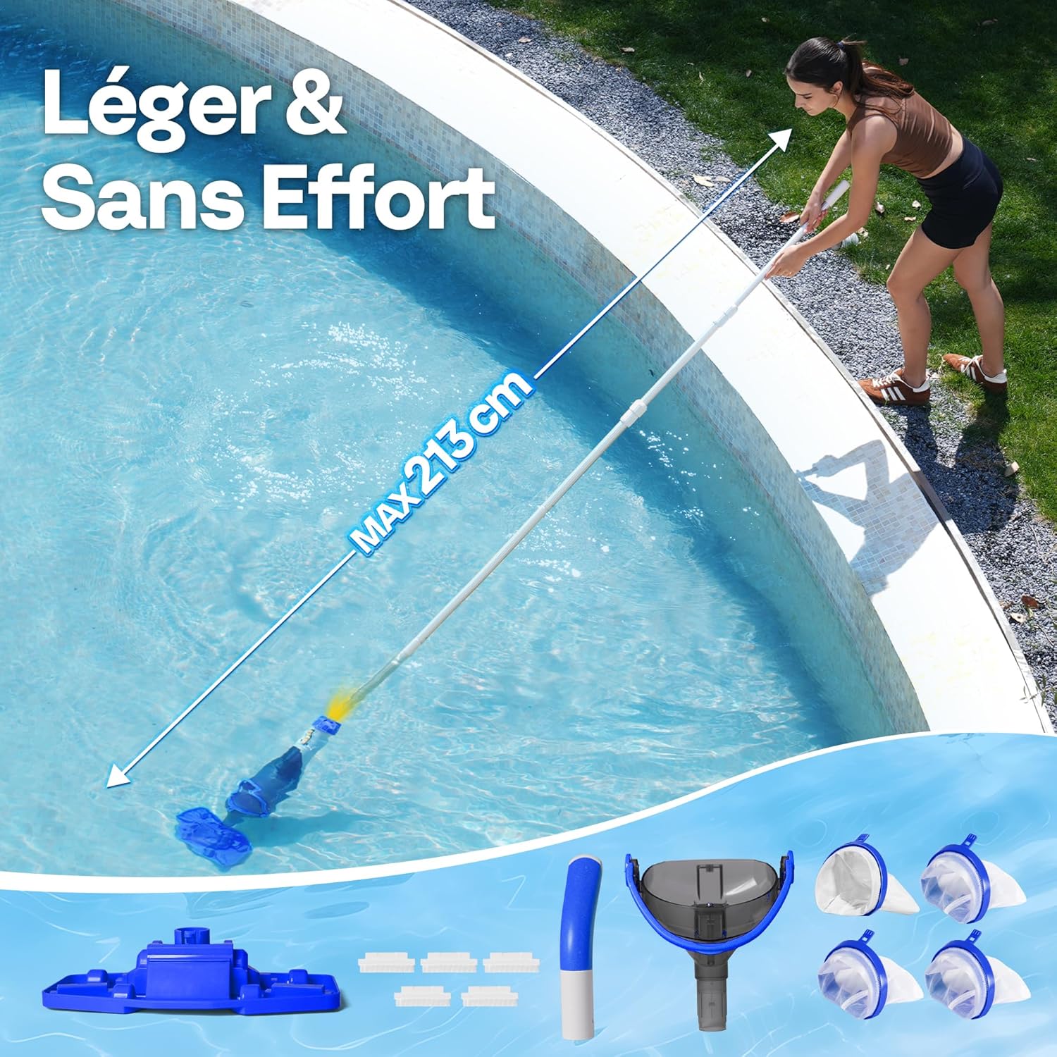 VIVOHOME - Aspirateur piscine série sans fil - 213cm - 4200LPH, 4 sacs filtrants, autonomie 60 min