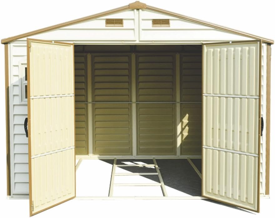 Duramax WoodSide 10 x 8 (7.64 m²) Abri de jardin en plastique avec 3 fenêtres fixes et kit de fondation en métal, structure de toit en métal robuste, ignifuge et sans entretien - Ivory/Brown