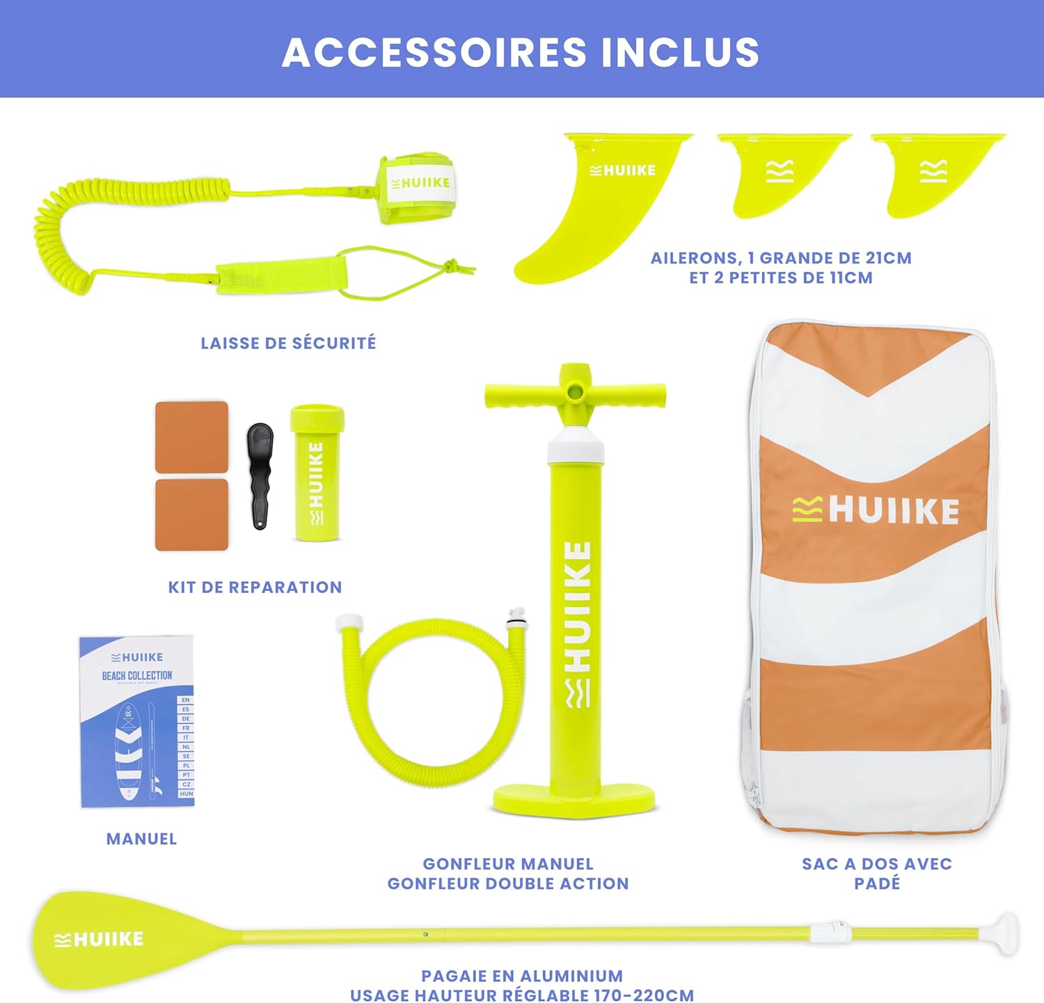 HUIIKE Paddle Gonflable Adulte avec Accessoires Inclus, Pagaie, Ailerons, Pompe. Planche de Stand Up Paddle Grande Stabilité et Résistance. 305 x 84 x 15 cm, Jusqu'à 130 kg